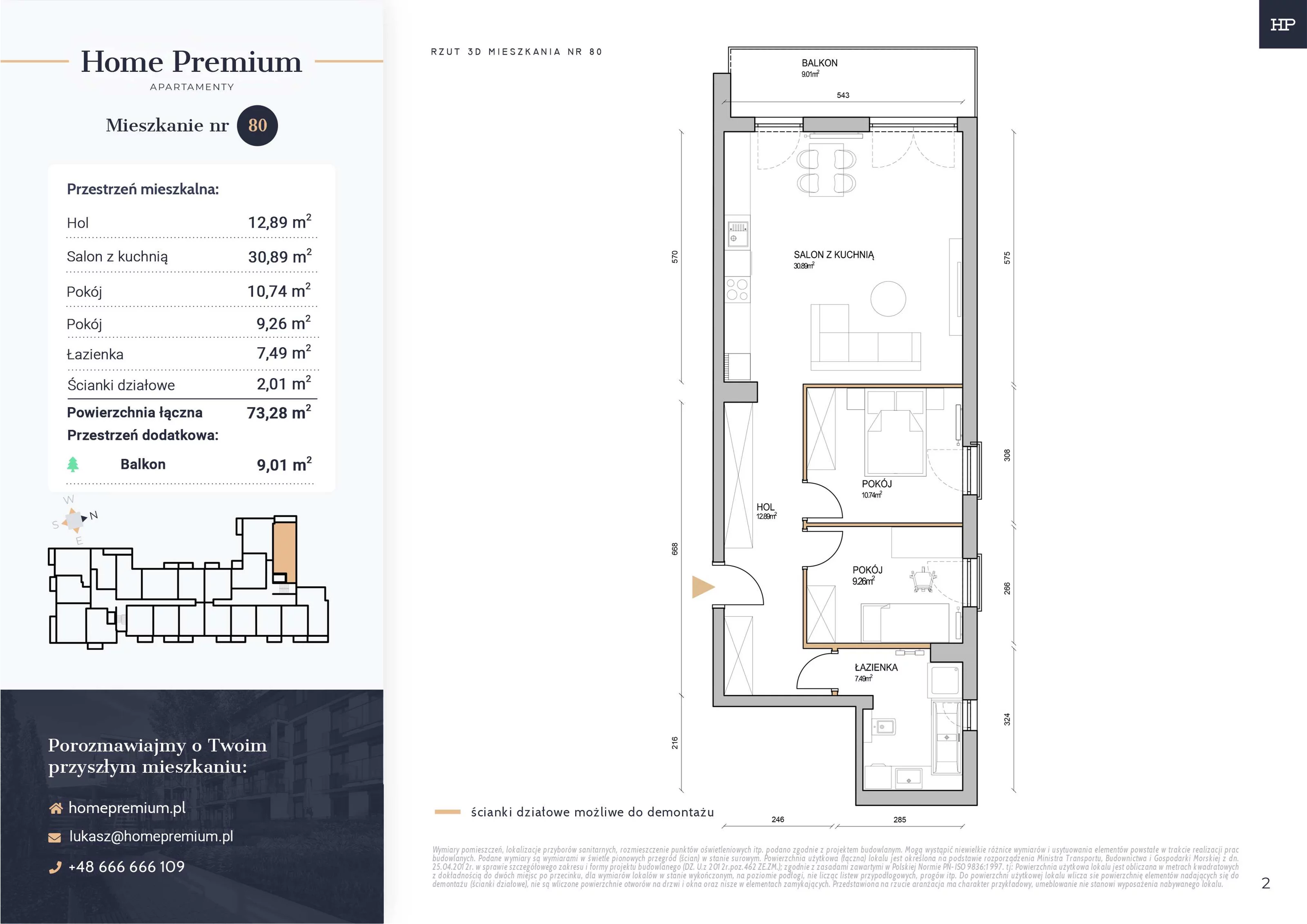 3 pokoje, mieszkanie 73,28 m², piętro 3, oferta nr 80, Apartamenty Home Premium, Ożarów Mazowiecki, ul. Piłsudskiego 6