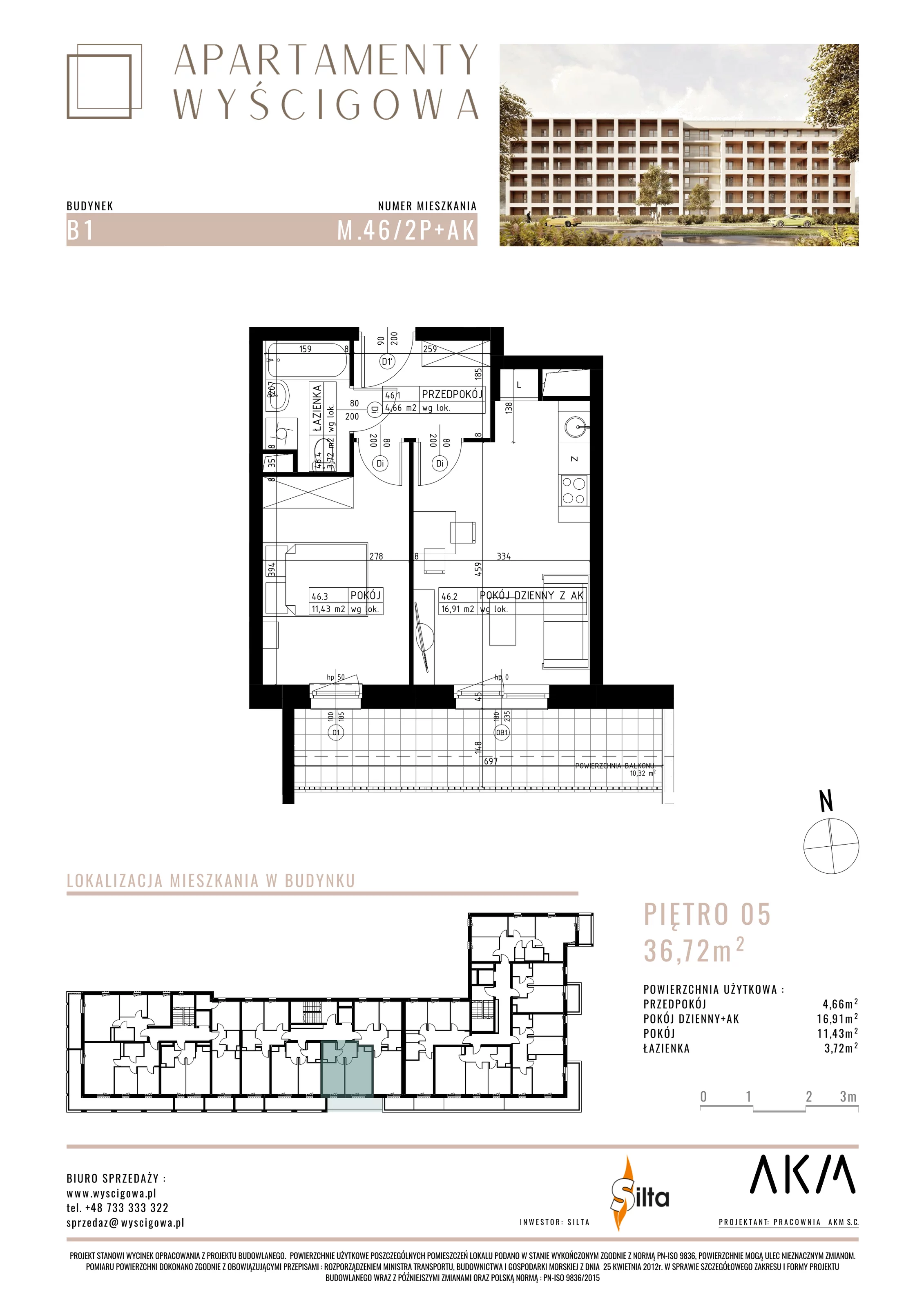 Mieszkanie 36,72 m², piętro 5, oferta nr B1.M46, Apartamenty Wyścigowa, Lublin, Dziesiąta, Dziesiąta, ul. Wyścigowa