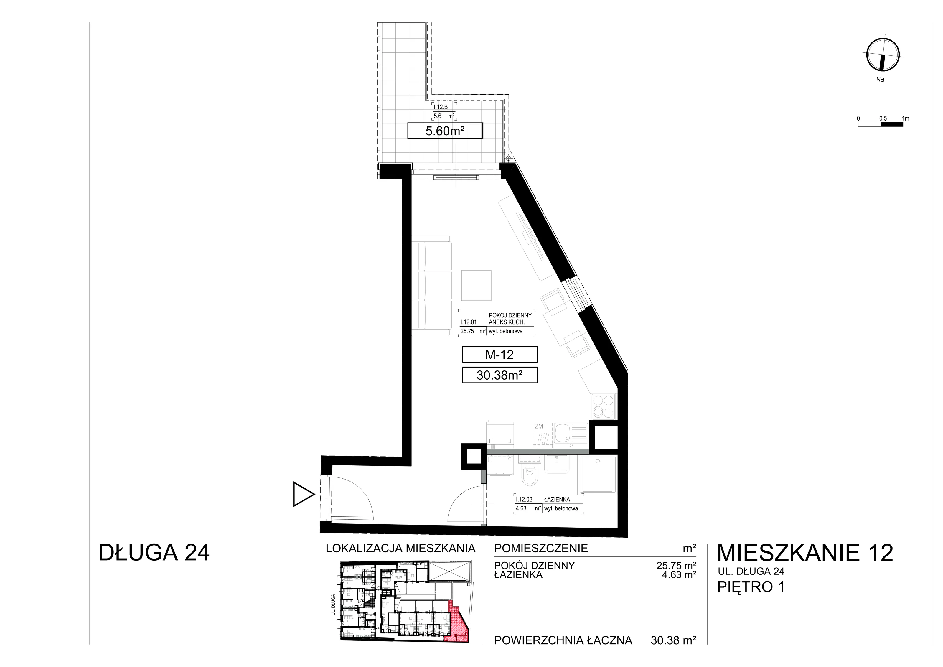 Apartament 30,38 m², piętro 1, oferta nr M12, Długa Residence, Kraków, Stare Miasto, Kleparz, ul. Długa 24