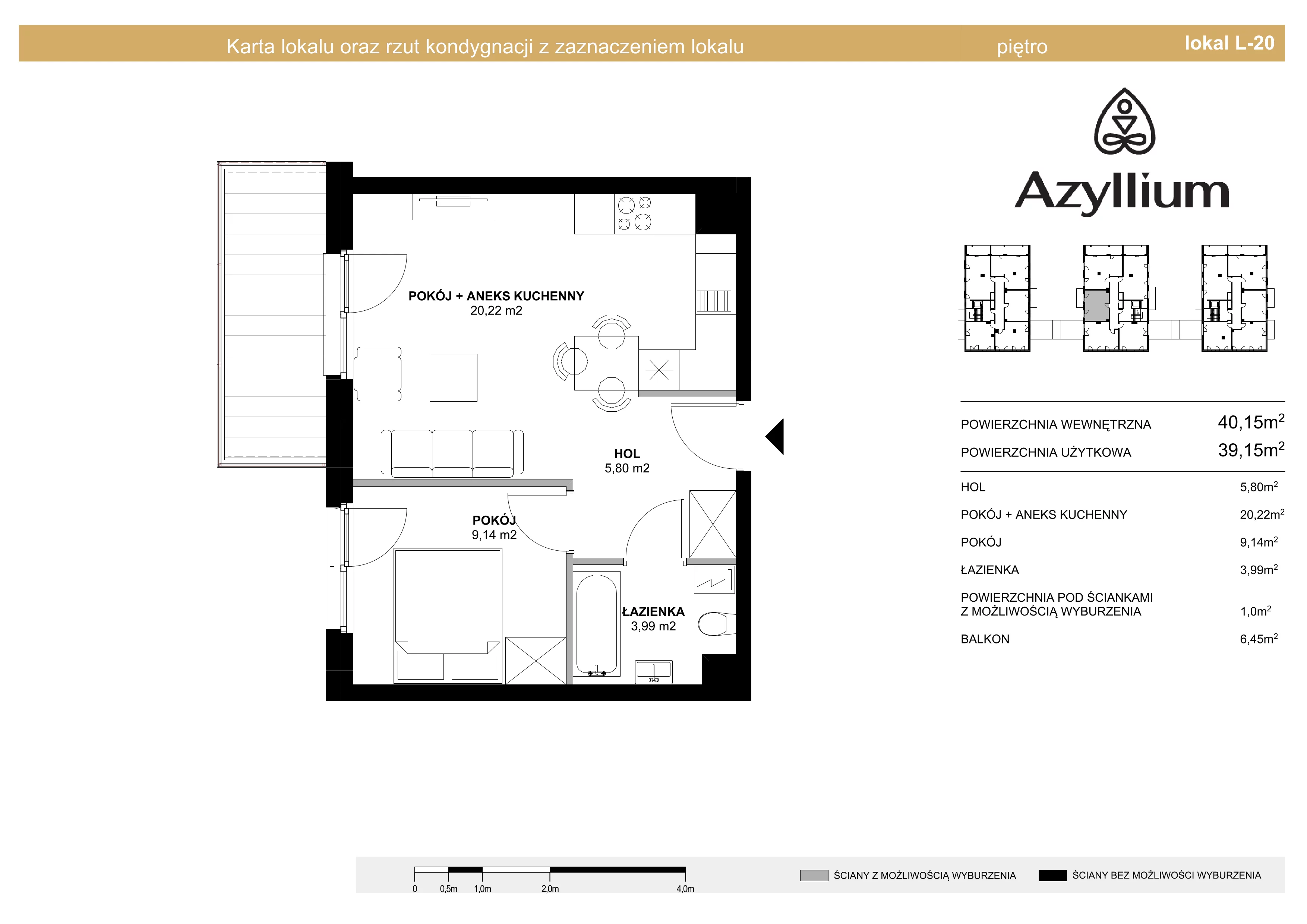 2 pokoje, mieszkanie 40,15 m², piętro 1, oferta nr B.20, Azyllium, Olsztyn, Gutkowo, ul. Żurawia