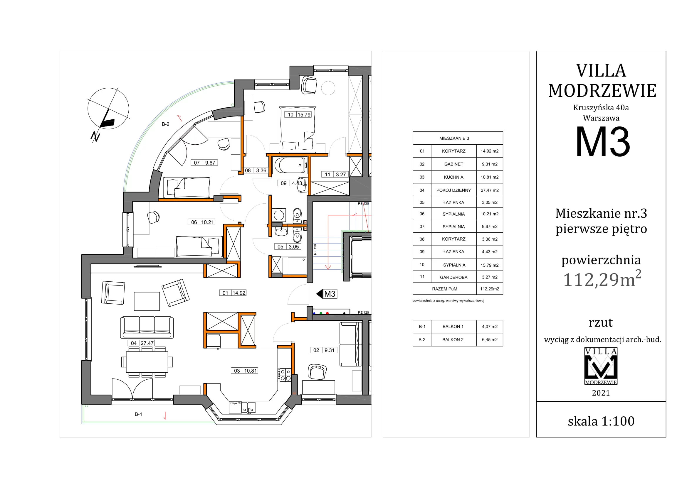 Mieszkanie 112,29 m², piętro 1, oferta nr 3, Villa Modrzewie, Warszawa, Bemowo, Jelonki Północne, ul. Kruszyńska 40A