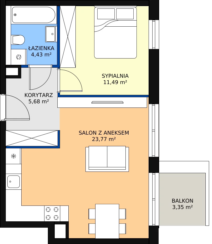 Zalety apartamentu 45.37 m², H23