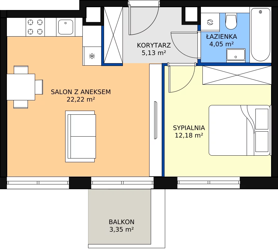 Zalety apartamentu 43.58 m², K30