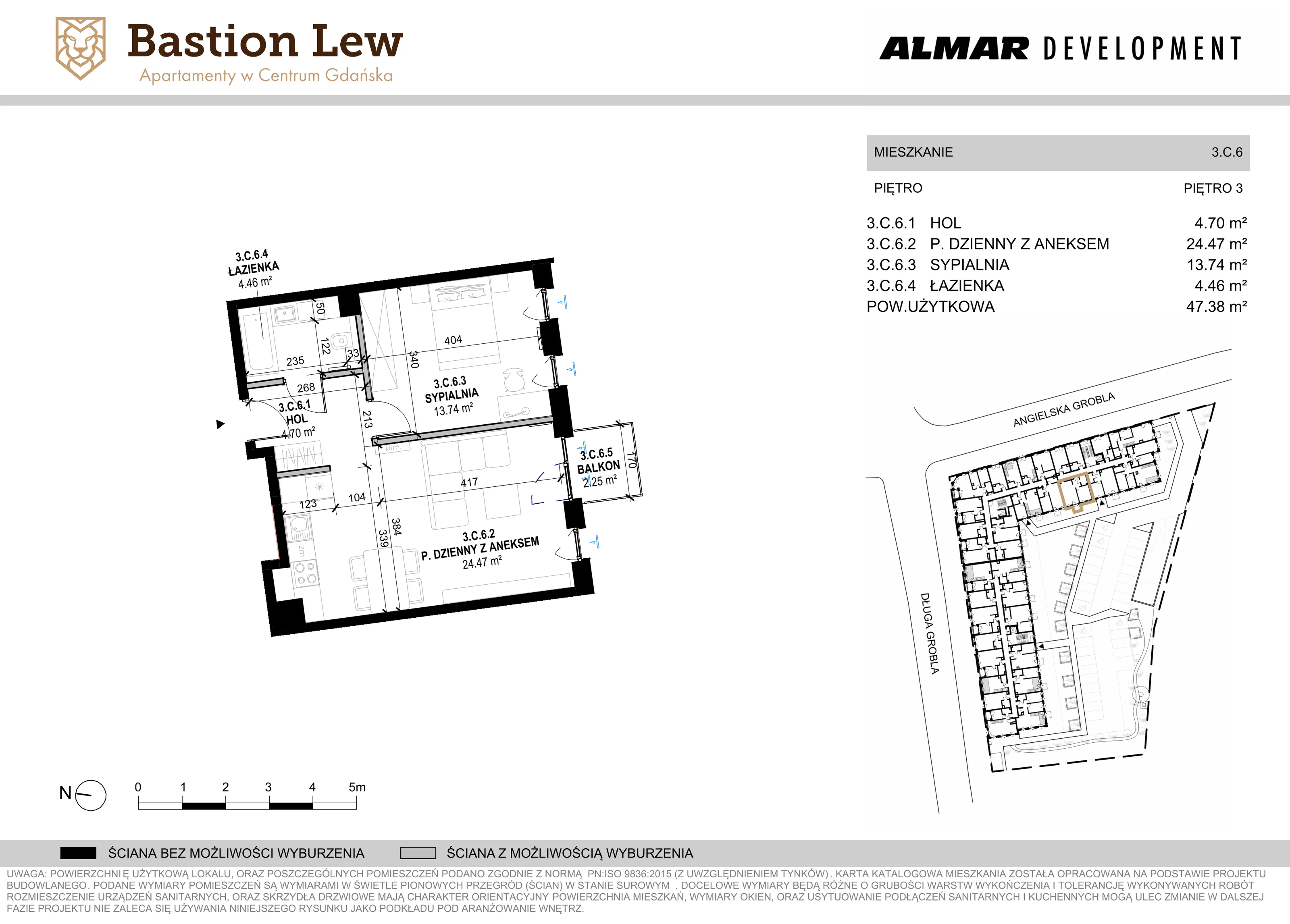 Mieszkanie 47,38 m², piętro 3, oferta nr 3.C6, Bastion Lew, Gdańsk, Śródmieście, ul. Angielska Grobla/Długa Grobla