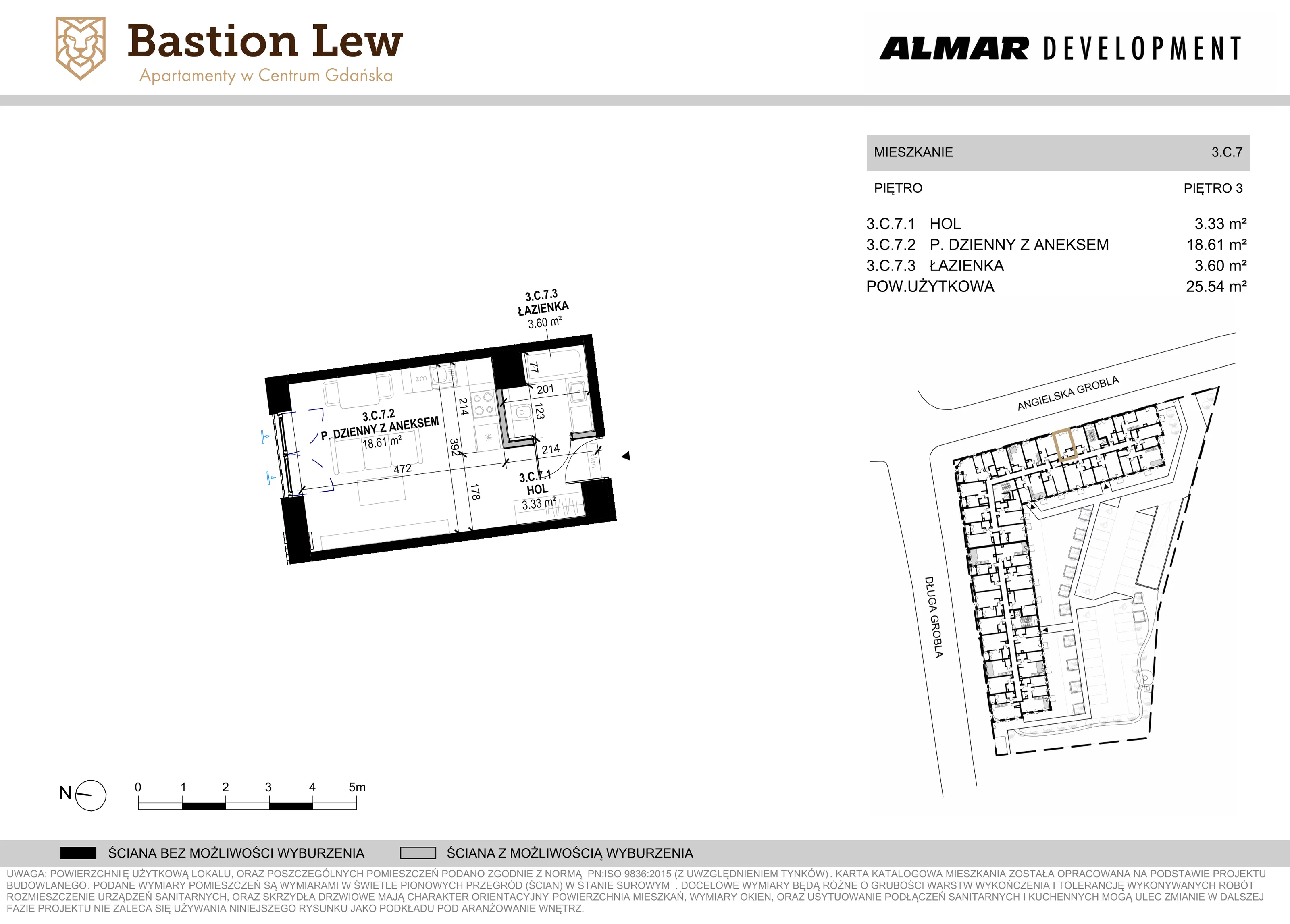 Mieszkanie 25,54 m², piętro 3, oferta nr 3.C7, Bastion Lew, Gdańsk, Śródmieście, ul. Angielska Grobla/Długa Grobla