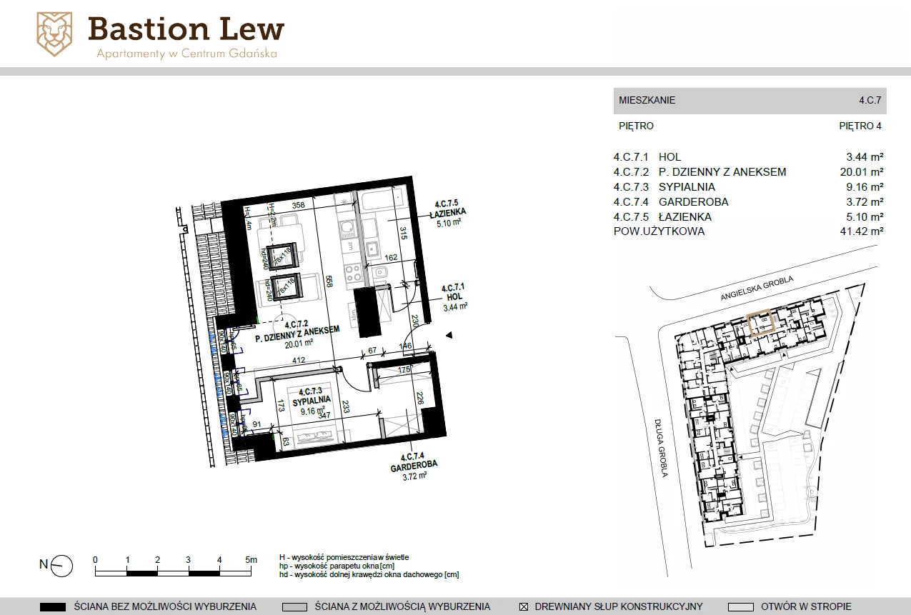 Mieszkanie 41,42 m², piętro 4, oferta nr 4.C7, Bastion Lew, Gdańsk, Śródmieście, ul. Angielska Grobla/Długa Grobla