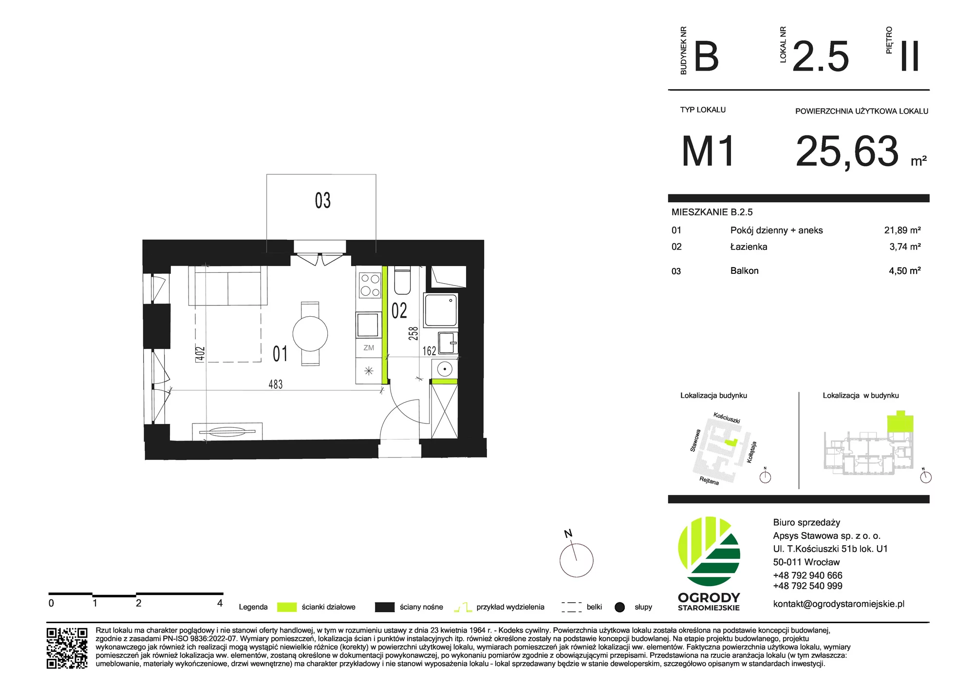 Mieszkanie 25,63 m², piętro 2, oferta nr B.2.5, Ogrody Staromiejskie, Wrocław, Przedmieście Świdnickie, ul. Stawowa 10