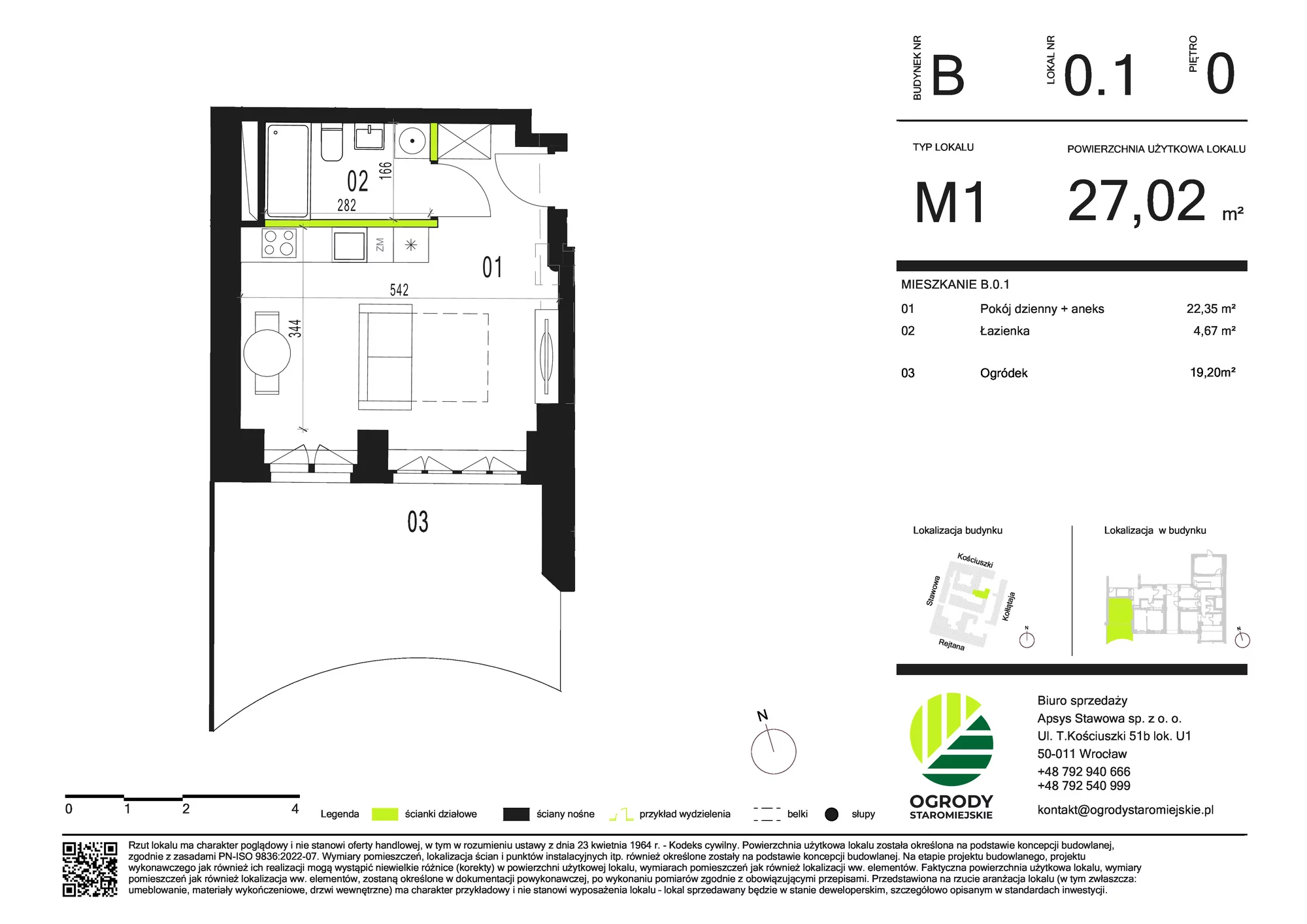 Mieszkanie 27,02 m², parter, oferta nr B.0.1, Ogrody Staromiejskie, Wrocław, Przedmieście Świdnickie, ul. Stawowa 10