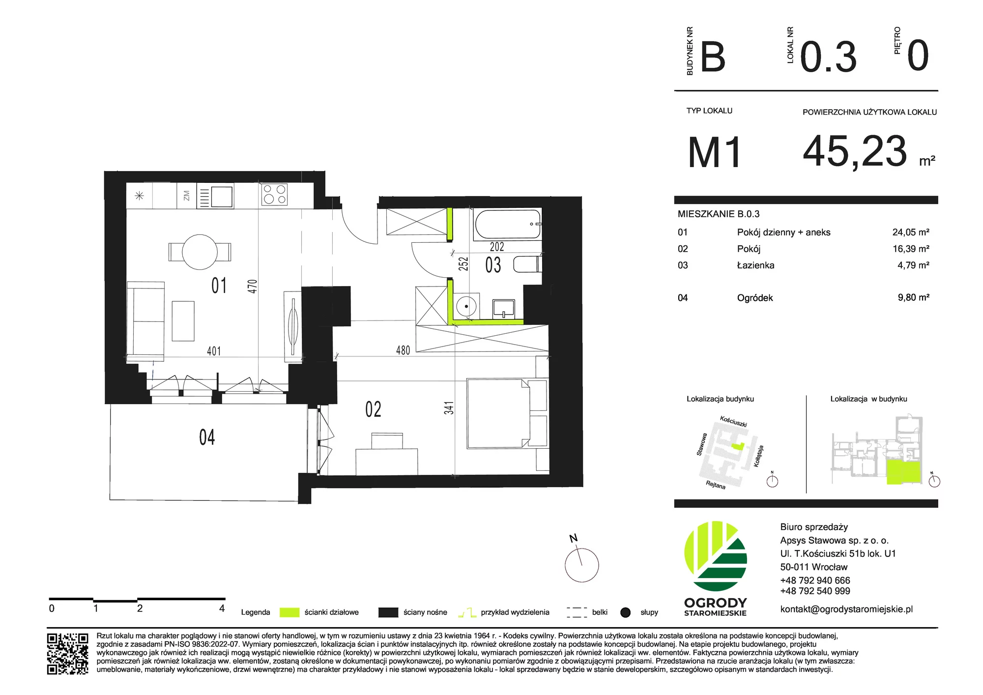 Mieszkanie 45,23 m², parter, oferta nr B.0.3, Ogrody Staromiejskie, Wrocław, Przedmieście Świdnickie, ul. Stawowa 10