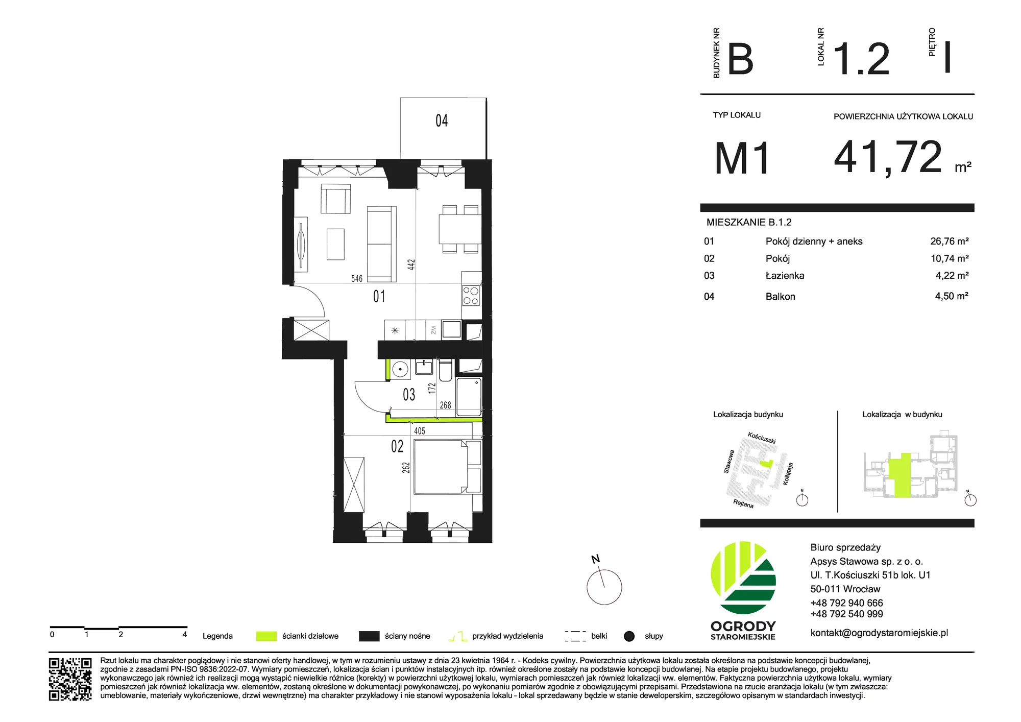 Mieszkanie 41,72 m², piętro 1, oferta nr B.1.2, Ogrody Staromiejskie, Wrocław, Przedmieście Świdnickie, ul. Stawowa 10