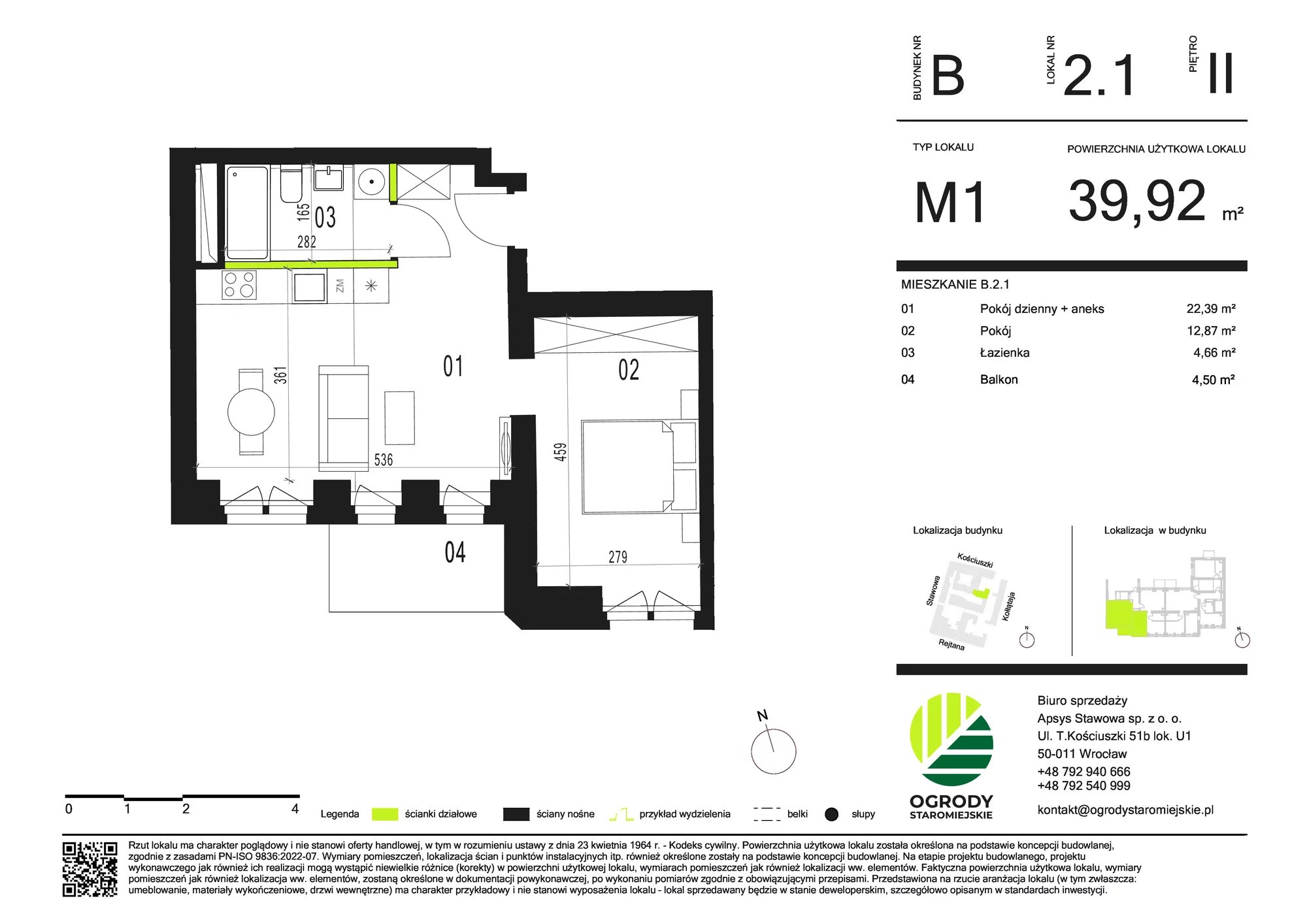 Mieszkanie 39,92 m², piętro 2, oferta nr B.2.1, Ogrody Staromiejskie, Wrocław, Przedmieście Świdnickie, ul. Stawowa 10