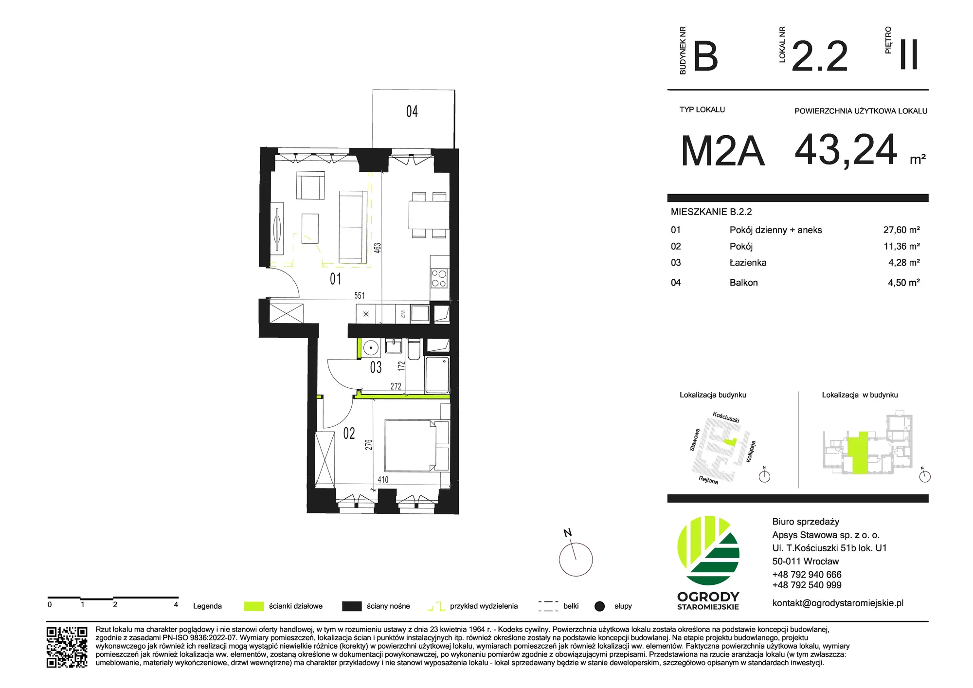 Mieszkanie 43,24 m², piętro 2, oferta nr B.2.2, Ogrody Staromiejskie, Wrocław, Przedmieście Świdnickie, ul. Stawowa 10