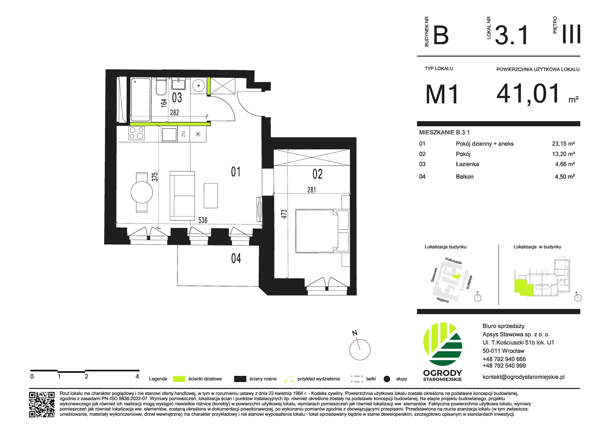 Mieszkanie 41,01 m², piętro 3, oferta nr B.3.1, Ogrody Staromiejskie, Wrocław, Przedmieście Świdnickie, ul. Stawowa 10
