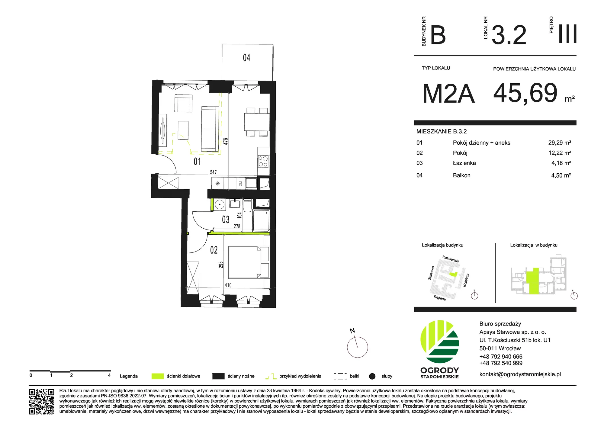 Mieszkanie 45,69 m², piętro 3, oferta nr B.3.2, Ogrody Staromiejskie, Wrocław, Przedmieście Świdnickie, ul. Stawowa 10