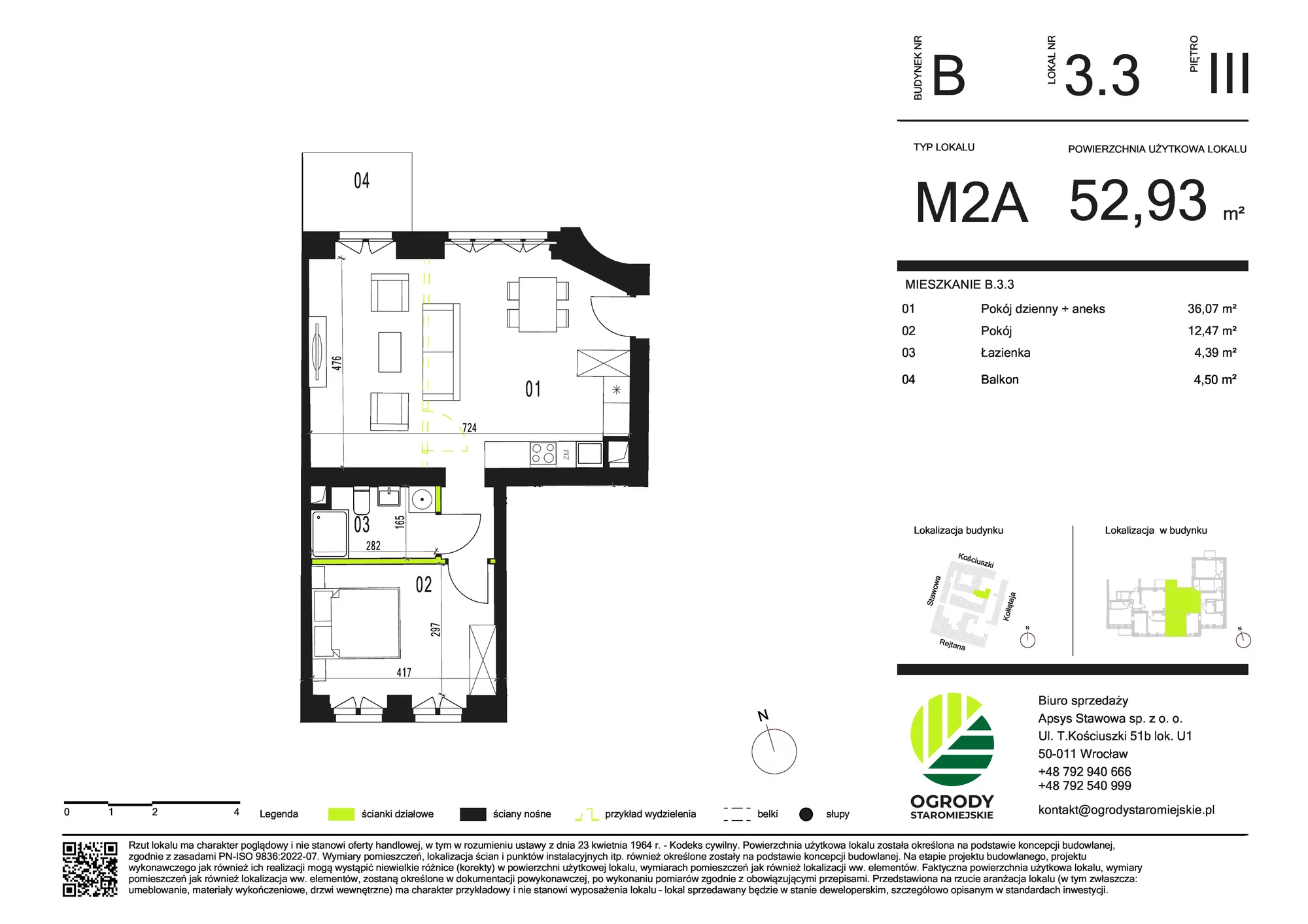 Mieszkanie 52,93 m², piętro 3, oferta nr B.3.3, Ogrody Staromiejskie, Wrocław, Przedmieście Świdnickie, ul. Stawowa 10