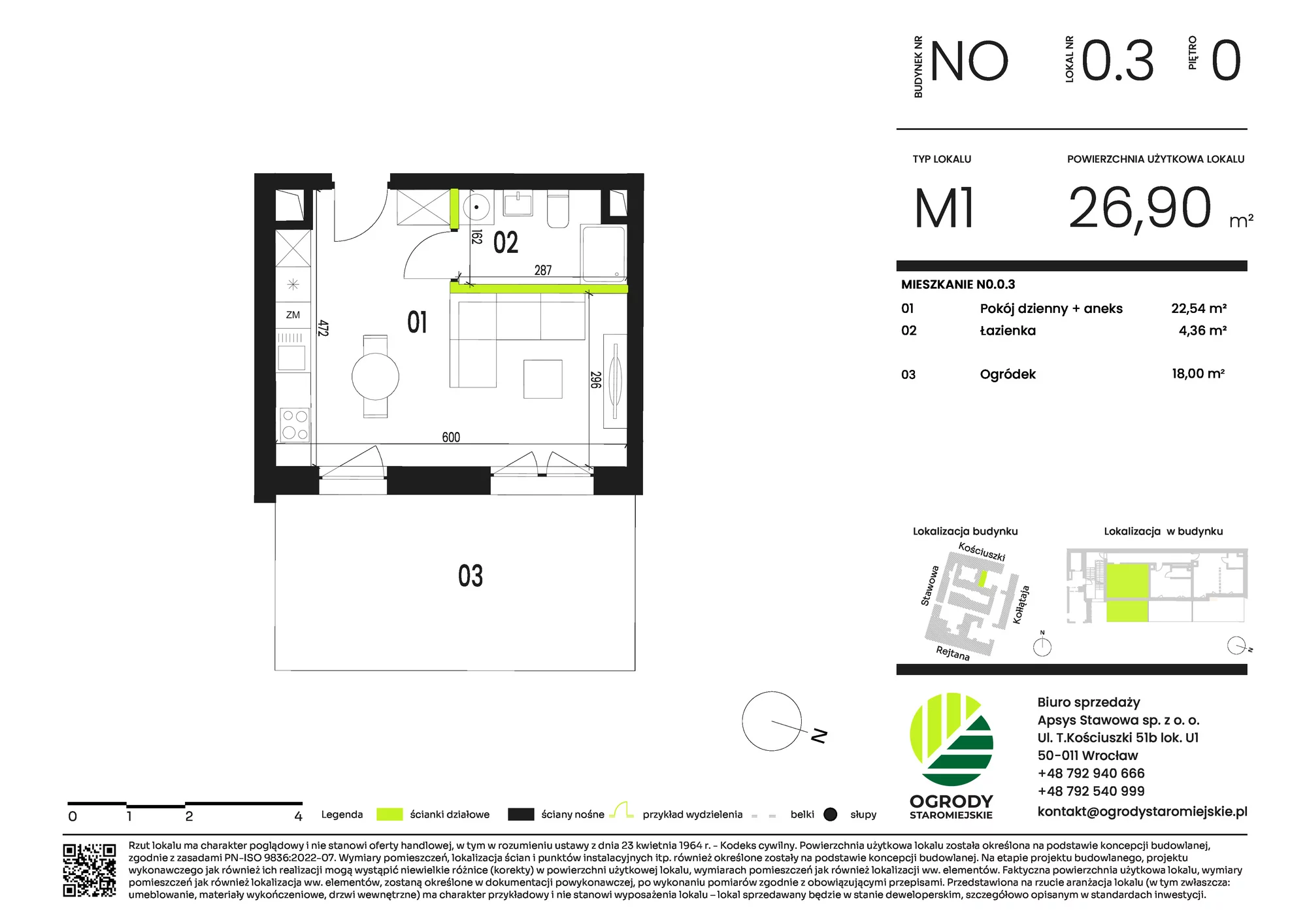 Mieszkanie 26,90 m², parter, oferta nr NO.0.3, Ogrody Staromiejskie, Wrocław, Przedmieście Świdnickie, ul. Stawowa 10