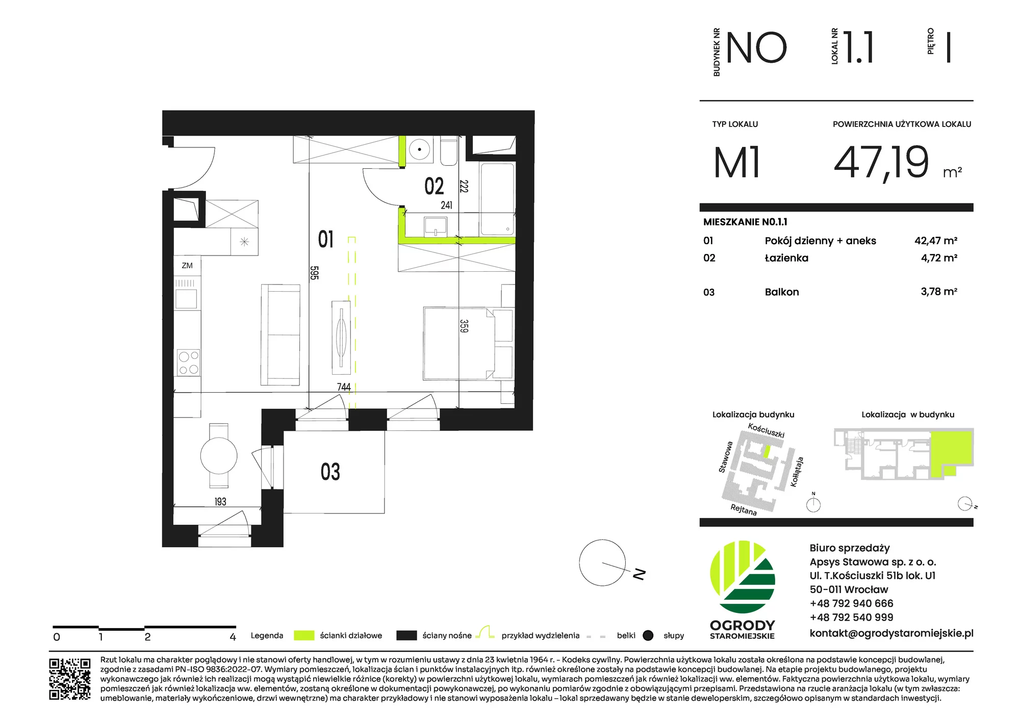 Mieszkanie 47,19 m², piętro 1, oferta nr NO.1.1, Ogrody Staromiejskie, Wrocław, Przedmieście Świdnickie, ul. Stawowa 10