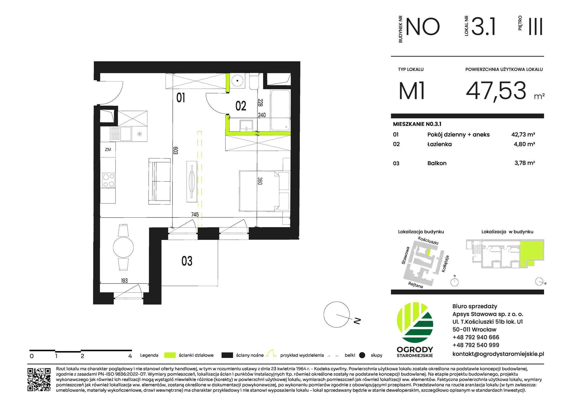Mieszkanie 47,53 m², piętro 3, oferta nr NO.3.1, Ogrody Staromiejskie, Wrocław, Przedmieście Świdnickie, ul. Stawowa 10