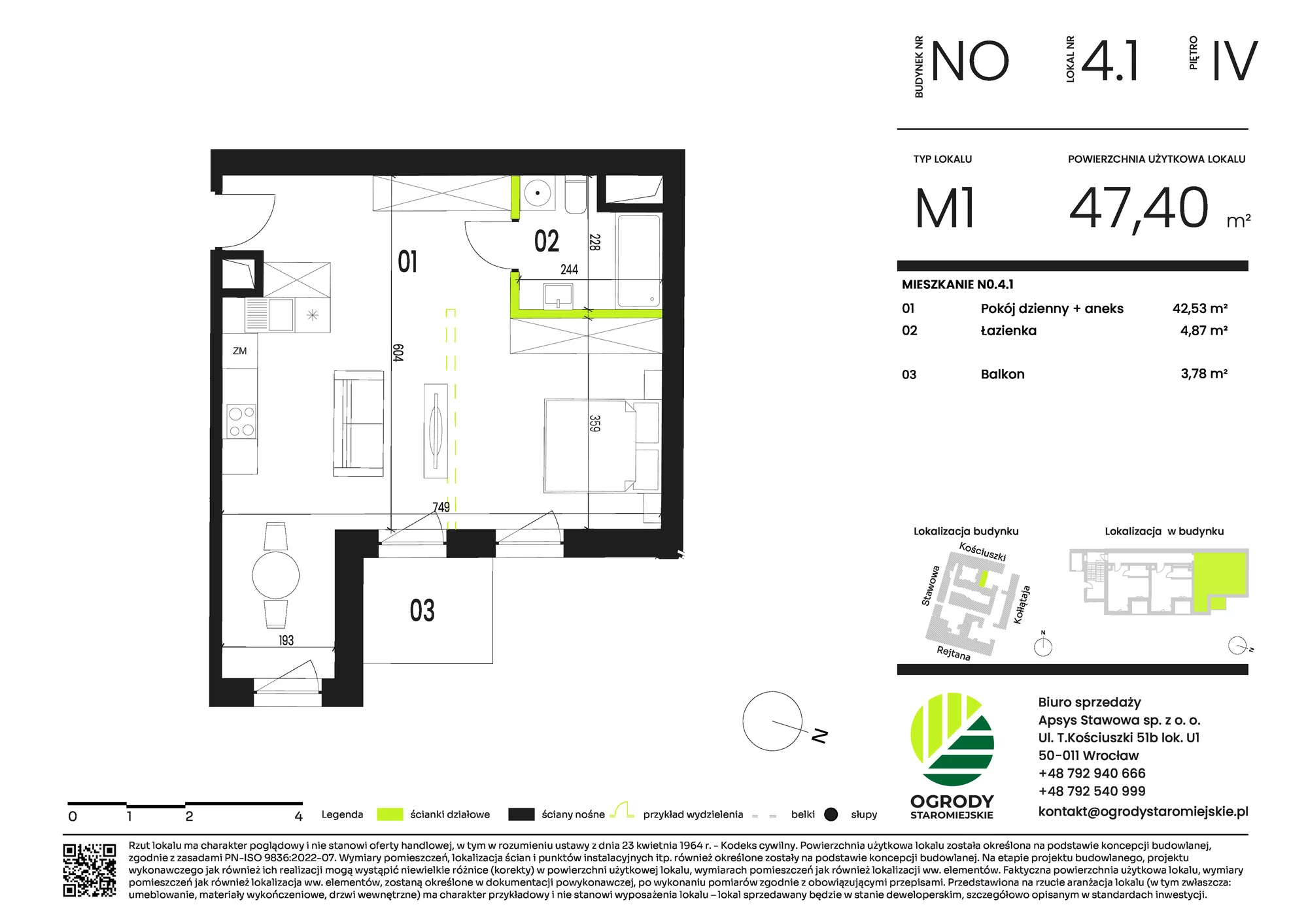 Mieszkanie 47,40 m², piętro 4, oferta nr NO.4.1, Ogrody Staromiejskie, Wrocław, Przedmieście Świdnickie, ul. Stawowa 10