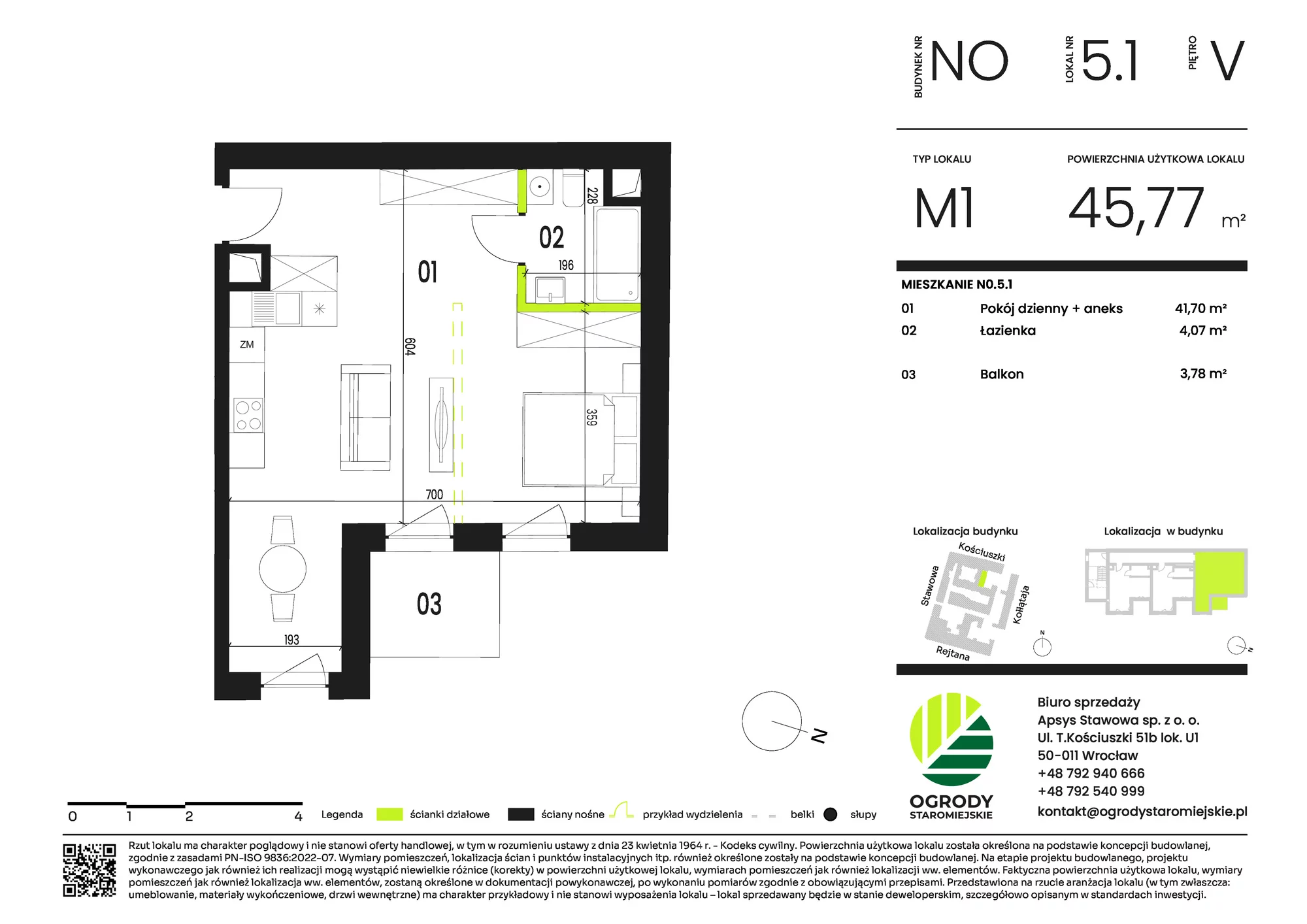 Mieszkanie 45,77 m², piętro 5, oferta nr NO.5.1, Ogrody Staromiejskie, Wrocław, Przedmieście Świdnickie, ul. Stawowa 10