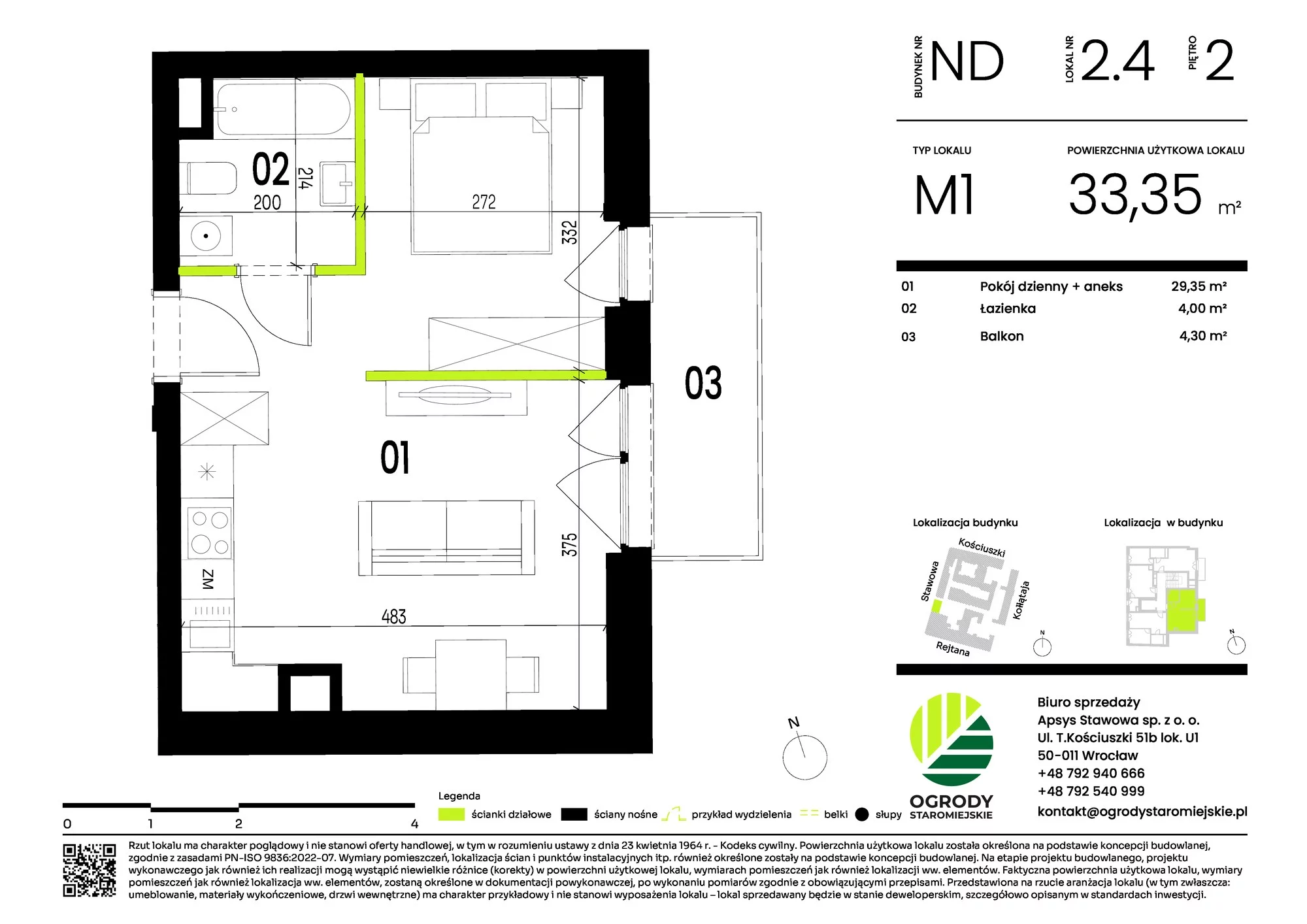 Mieszkanie 33,35 m², piętro 2, oferta nr ND.2.4, Ogrody Staromiejskie, Wrocław, Przedmieście Świdnickie, ul. Stawowa 10