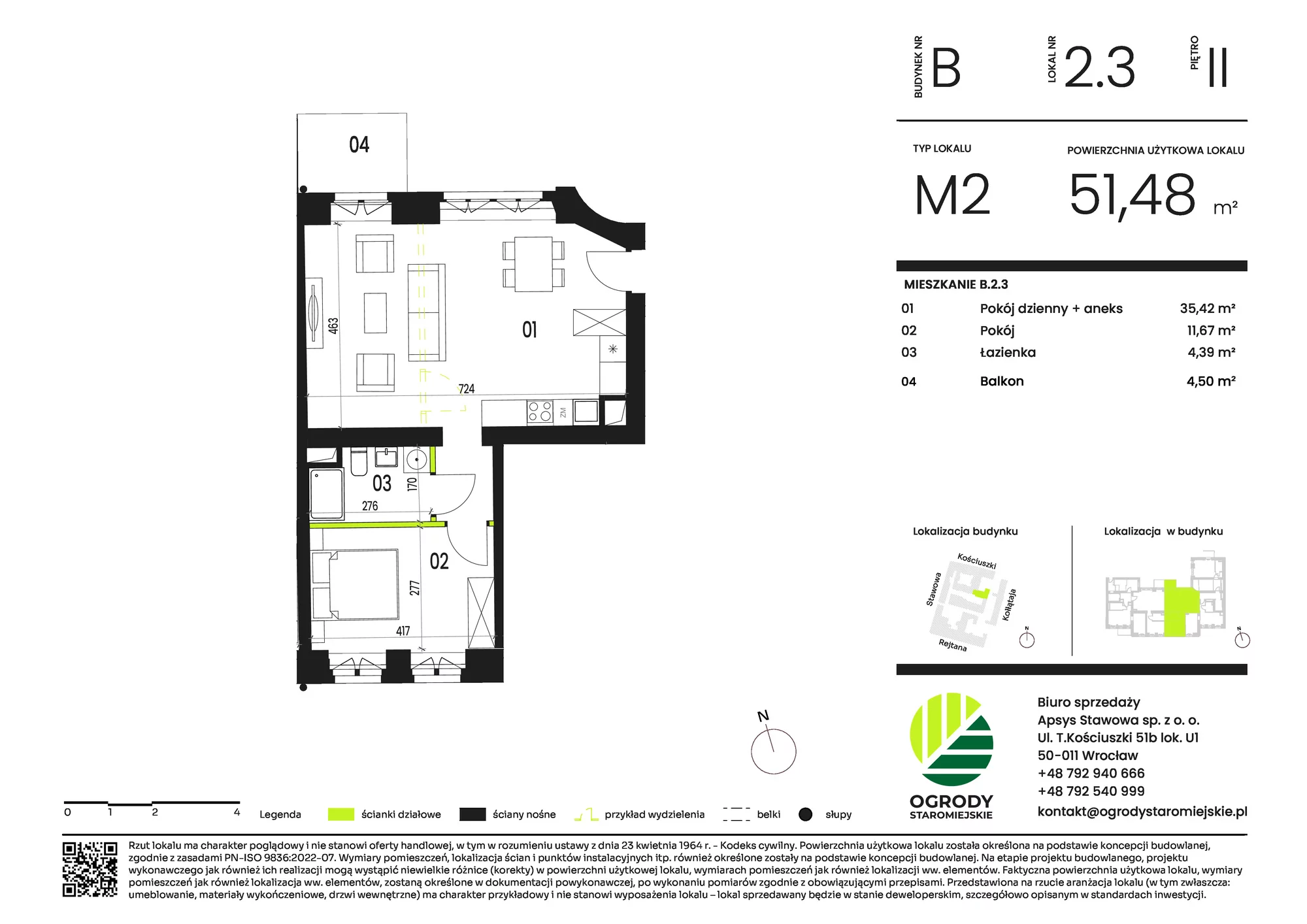 Mieszkanie 52,90 m², piętro 2, oferta nr B.2.3, Ogrody Staromiejskie, Wrocław, Przedmieście Świdnickie, ul. Stawowa 10