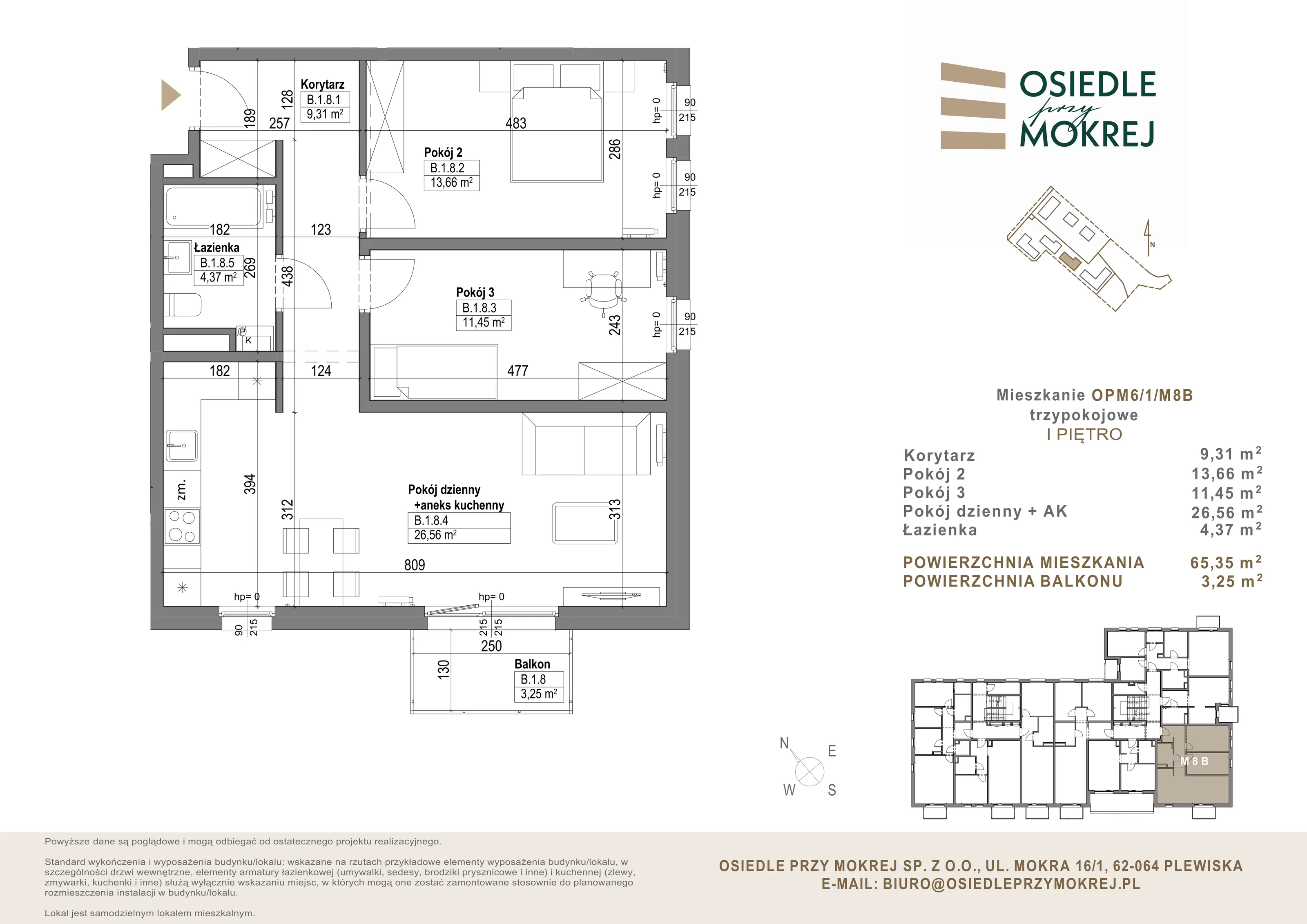 Mieszkanie 65,35 m², piętro 1, oferta nr OPM6/1/M8B, Osiedle przy Mokrej, Plewiska, ul. Mokra