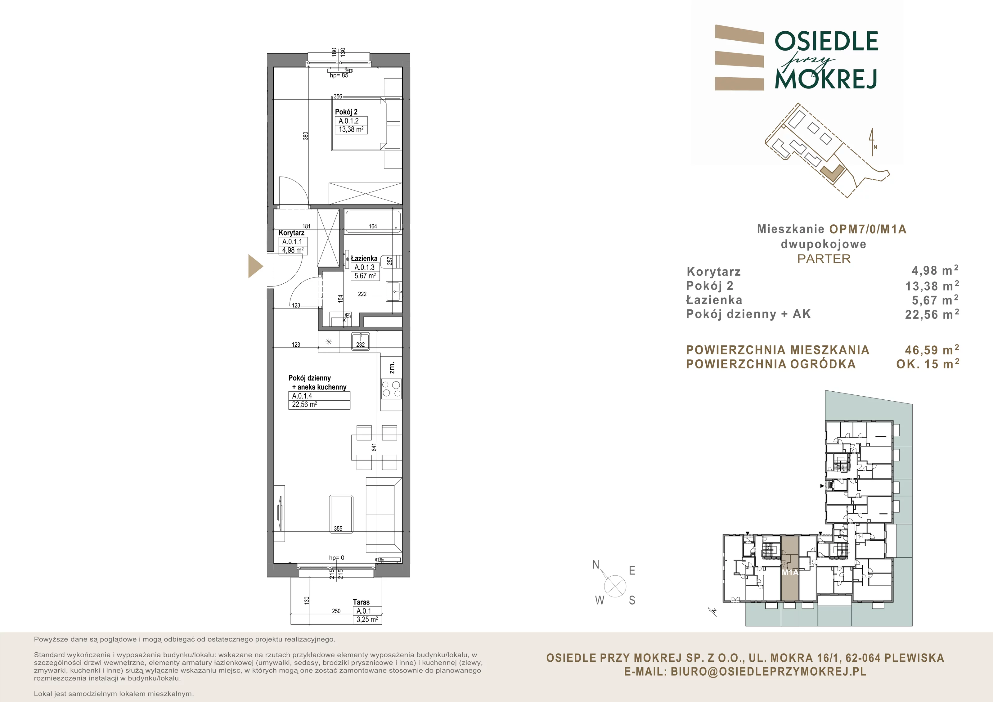 Mieszkanie 46,59 m², parter, oferta nr OPM7/0/M1A, Osiedle przy Mokrej, Plewiska, ul. Mokra