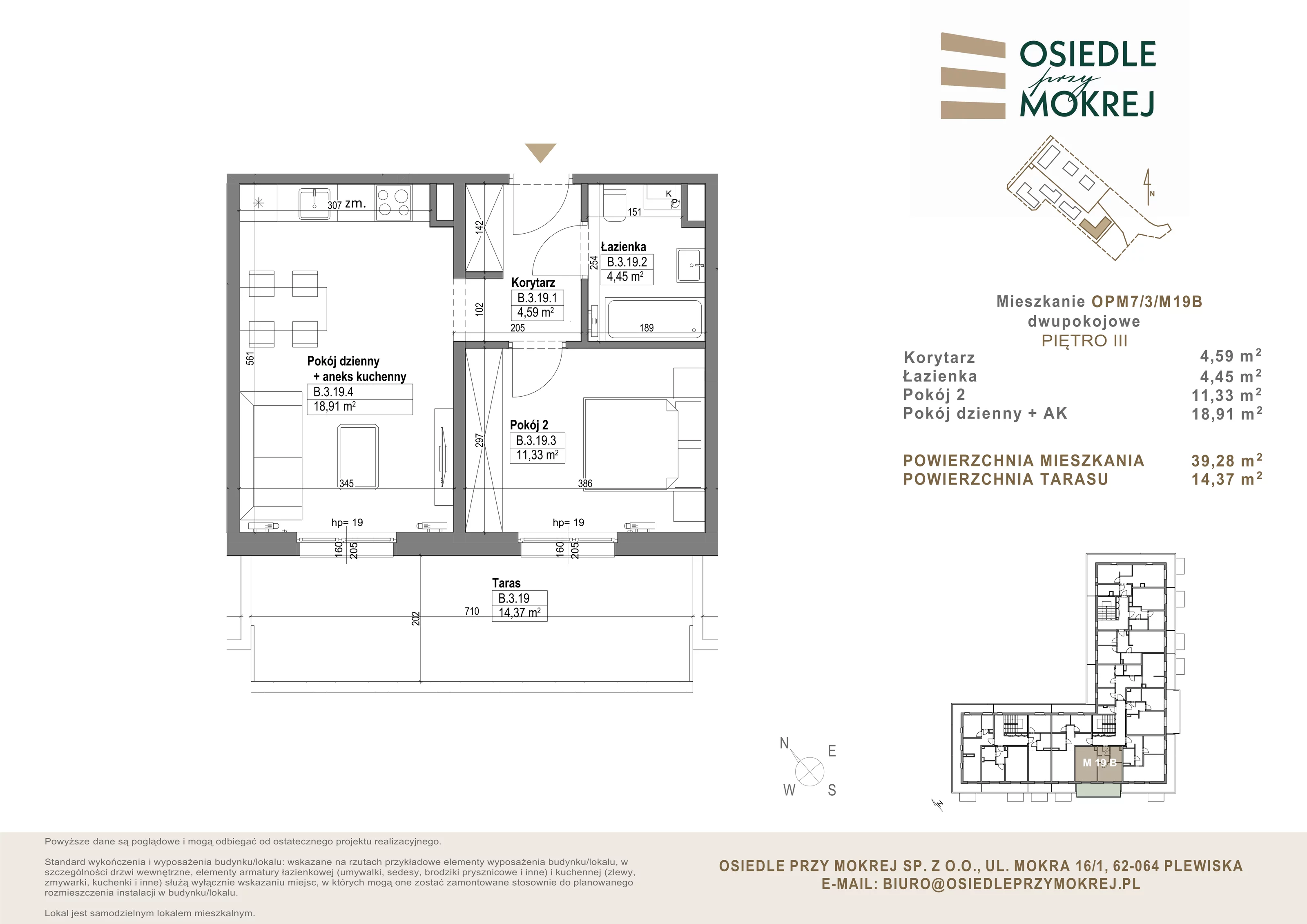 Mieszkanie 39,28 m², piętro 3, oferta nr OPM7/3/M19B, Osiedle przy Mokrej, Plewiska, ul. Mokra