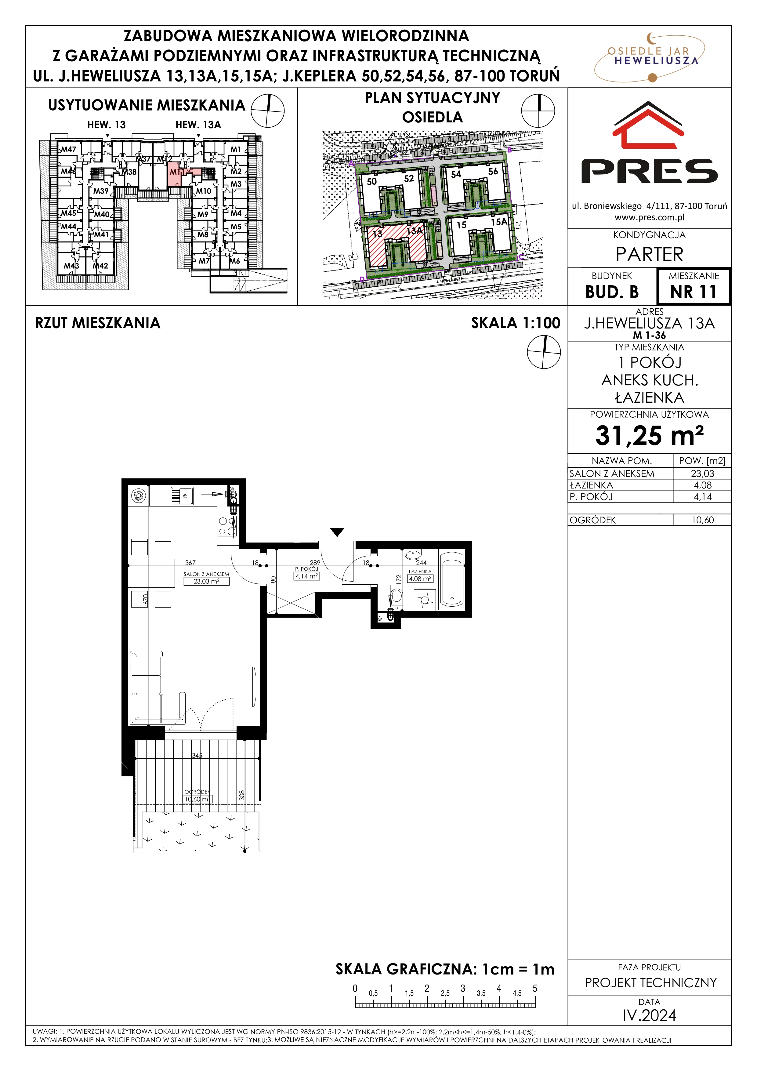 Mieszkanie 31,25 m², parter, oferta nr 11, Osiedle JAR Heweliusza - Etap II, Toruń, Wrzosy, JAR, ul. Heweliusza 13-15A