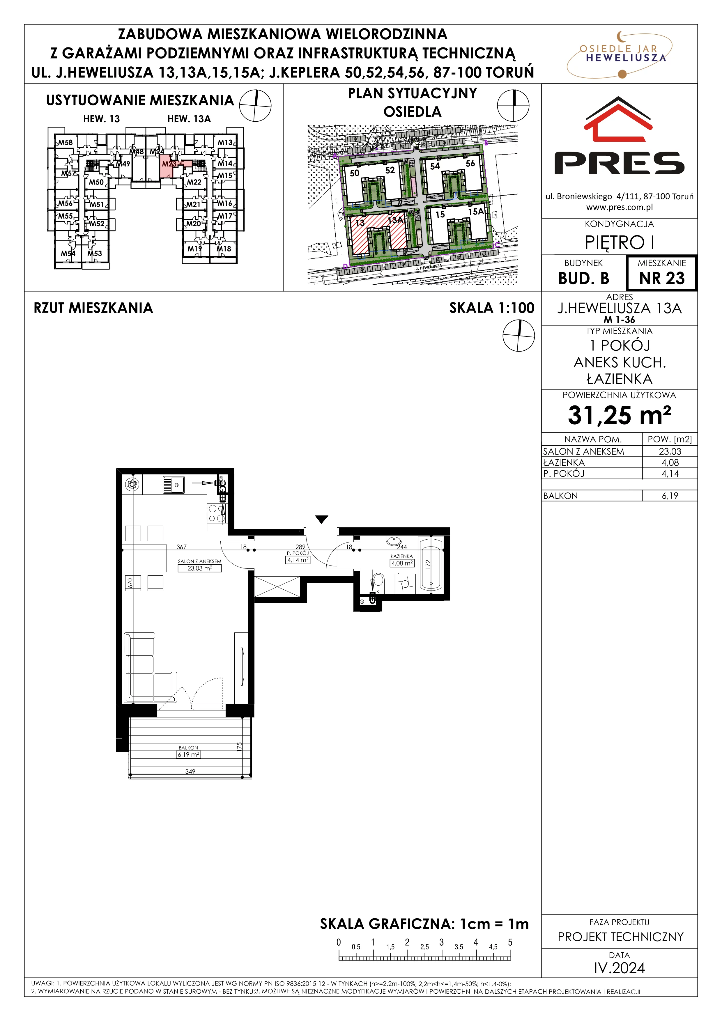 Mieszkanie 31,25 m², piętro 1, oferta nr 23, Osiedle JAR Heweliusza - Etap II, Toruń, Wrzosy, JAR, ul. Heweliusza 13-15A