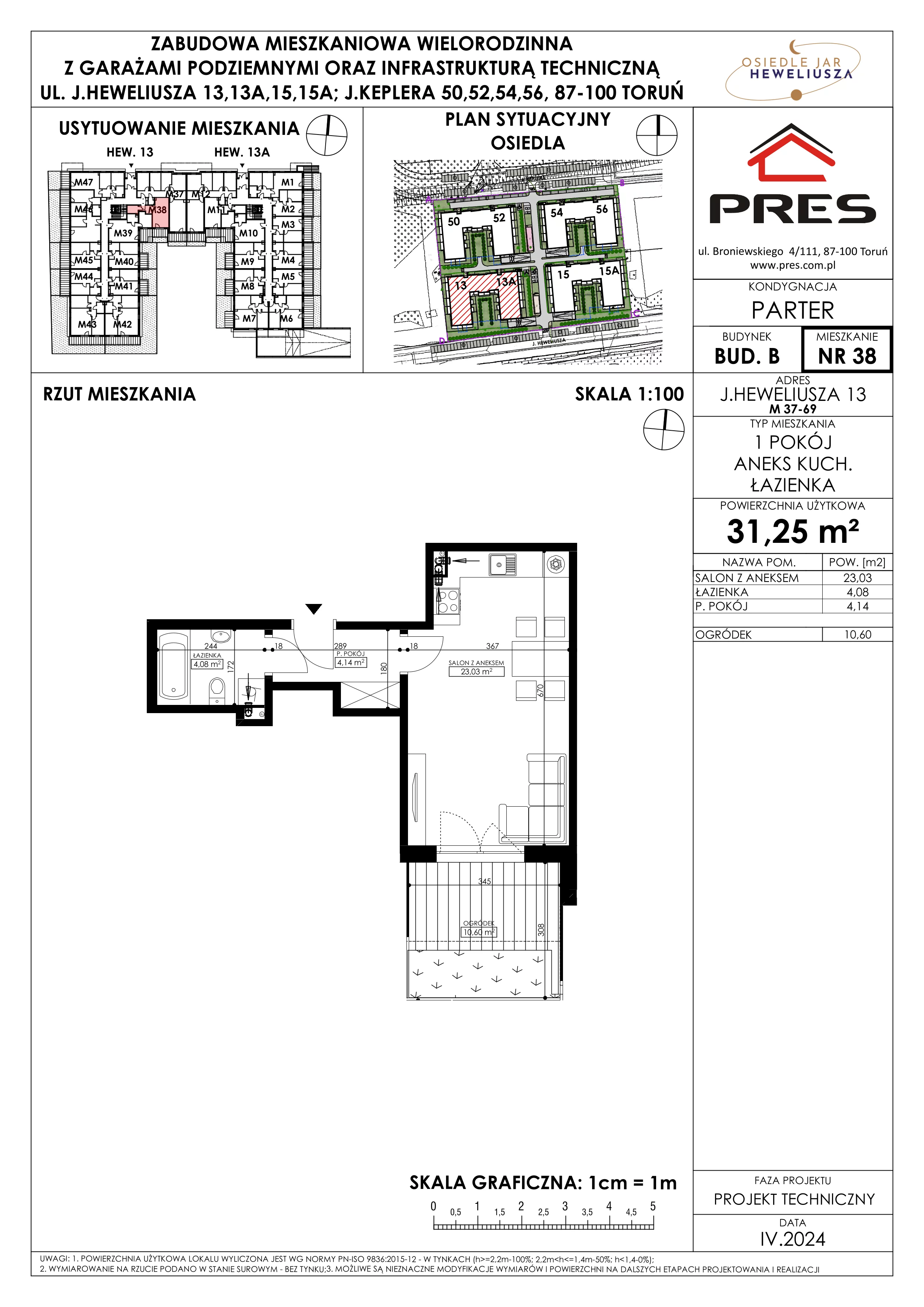 Mieszkanie 31,25 m², parter, oferta nr 38, Osiedle JAR Heweliusza - Etap II, Toruń, Wrzosy, JAR, ul. Heweliusza 13-15A