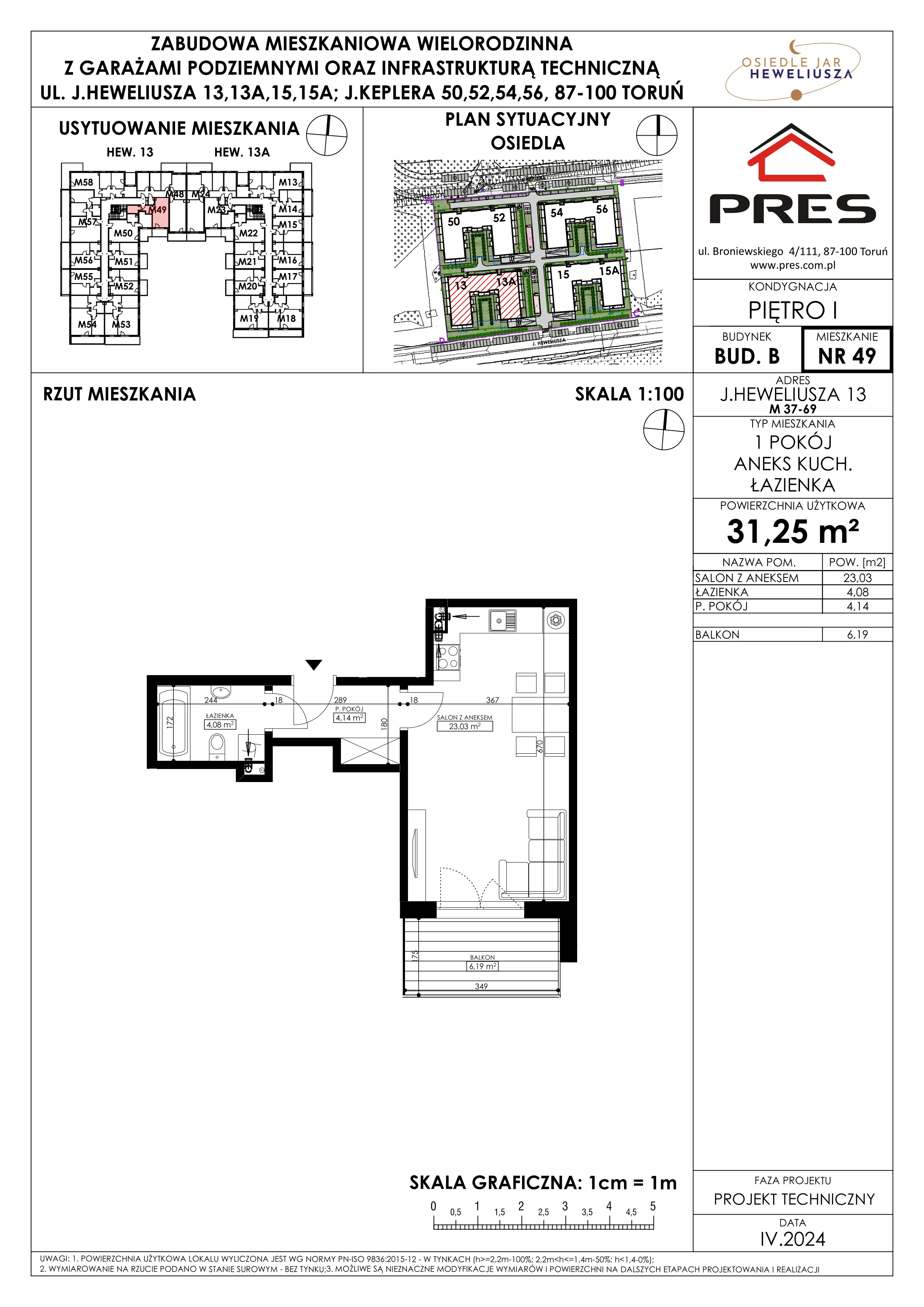 Mieszkanie 31,25 m², piętro 1, oferta nr 49, Osiedle JAR Heweliusza - Etap II, Toruń, Wrzosy, JAR, ul. Heweliusza 13-15A