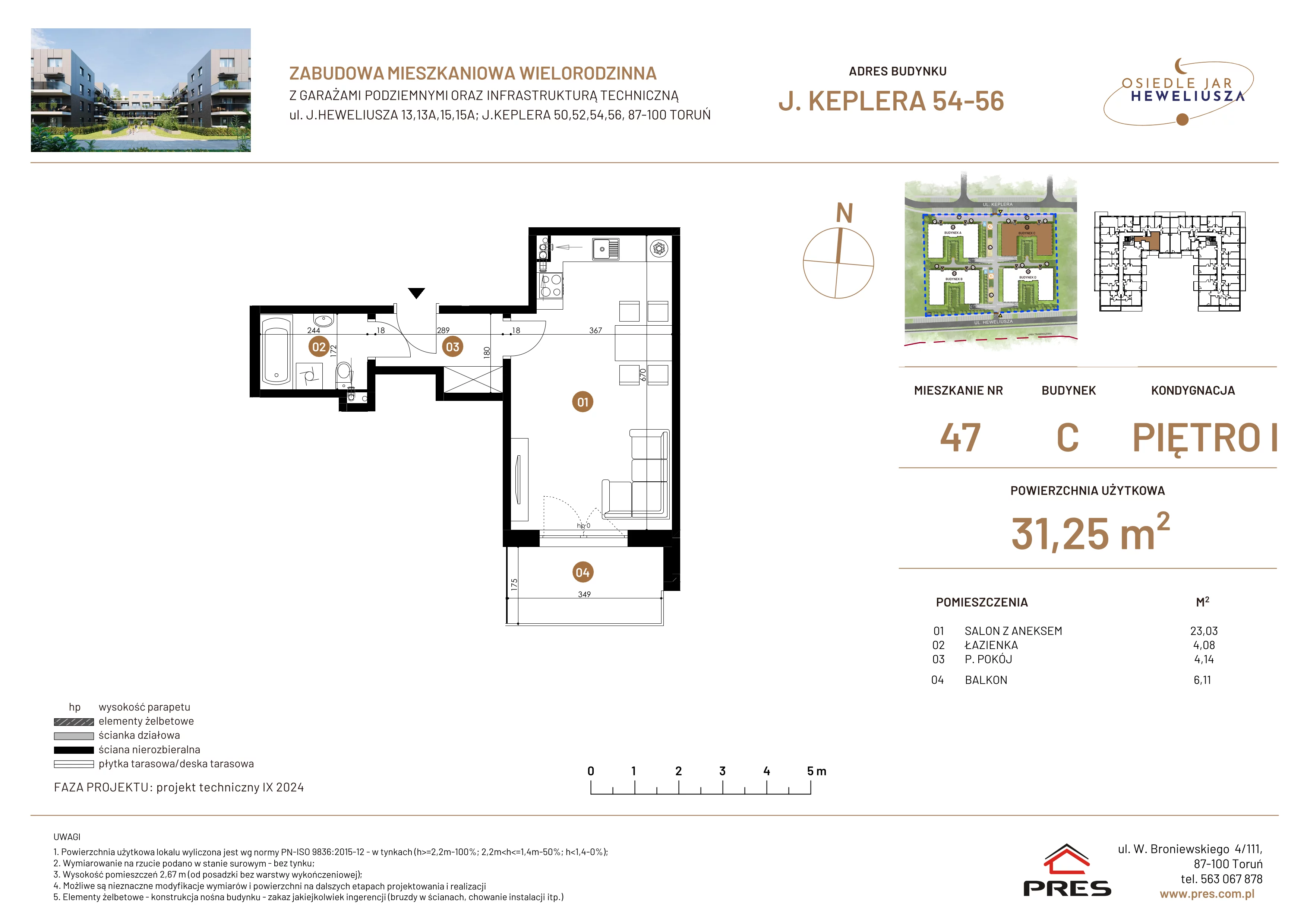 1 pokój, mieszkanie 31,25 m², piętro 1, oferta nr 47, Osiedle JAR Heweliusza - Etap III, Toruń, Wrzosy, JAR, ul. Jana Keplera 54-56