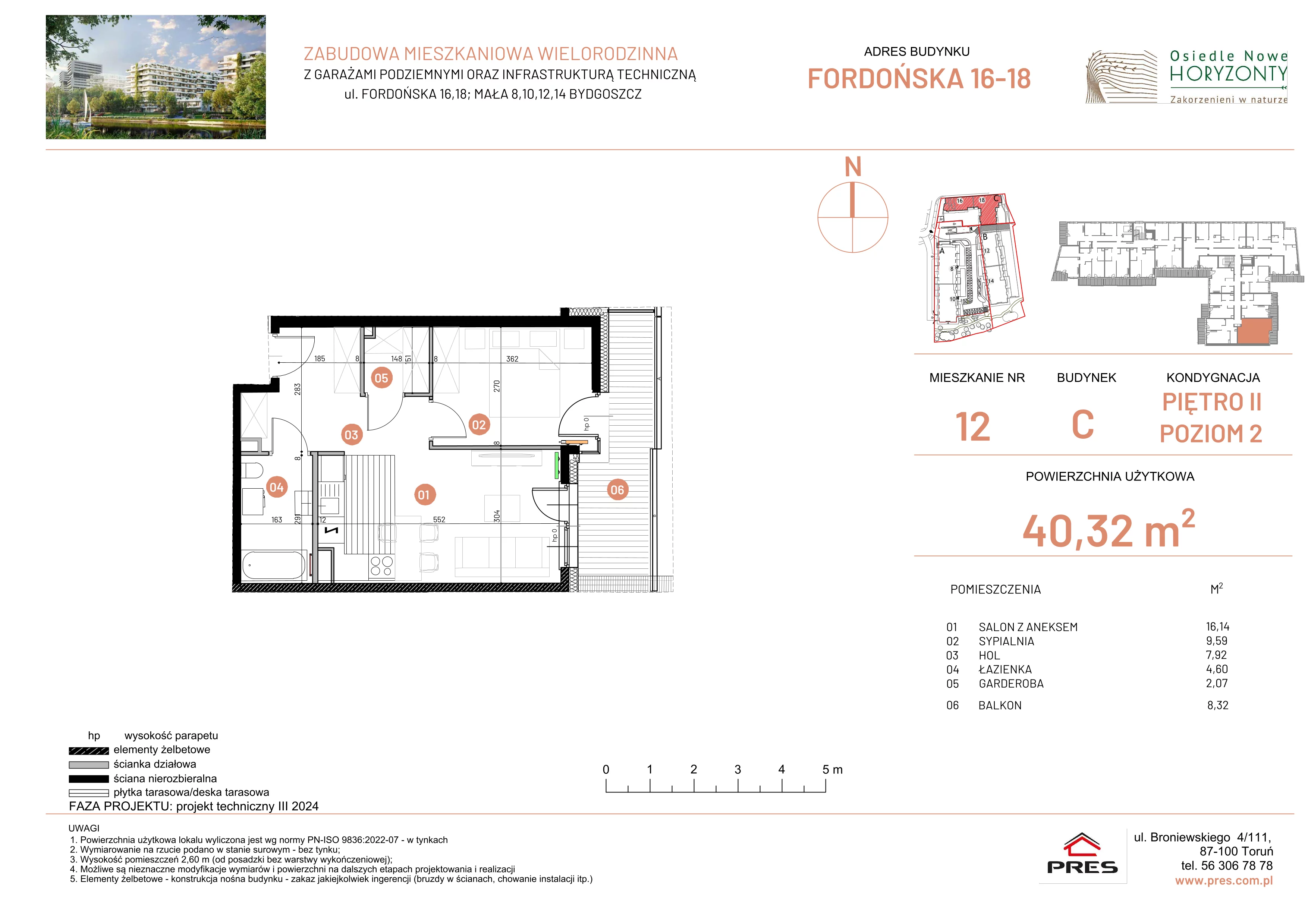 2 pokoje, mieszkanie 40,32 m², piętro 2, oferta nr ONH-C-KLF18-LM12, Osiedle Nowe Horyzonty - etap II, Bydgoszcz, Bartodzieje, ul. Fordońska 16-18