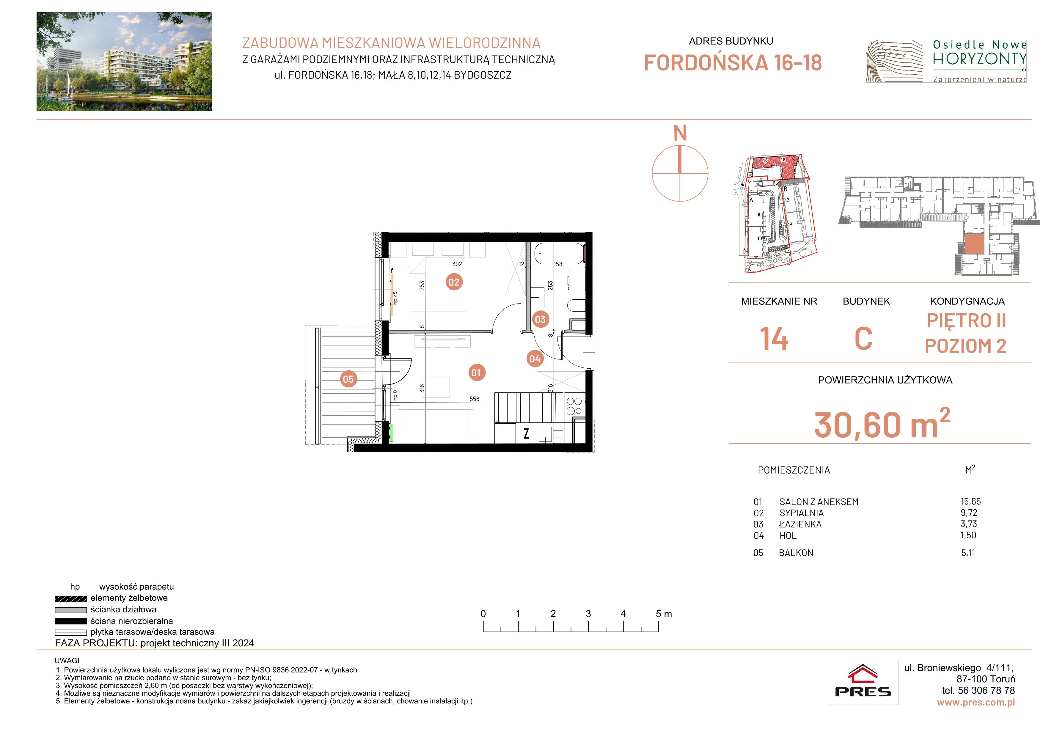 2 pokoje, mieszkanie 30,60 m², piętro 2, oferta nr ONH-C-KLF18-LM14, Osiedle Nowe Horyzonty - etap II, Bydgoszcz, Bartodzieje, ul. Fordońska 16-18