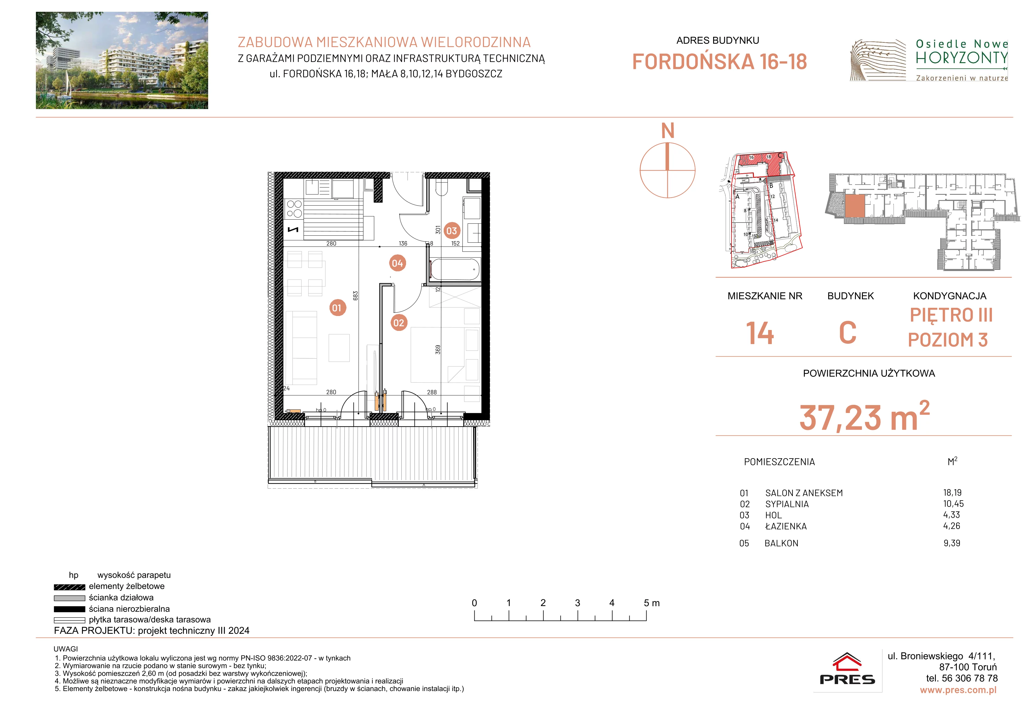 2 pokoje, mieszkanie 37,23 m², piętro 3, oferta nr ONH-C-KLF16-LM14, Osiedle Nowe Horyzonty - etap II, Bydgoszcz, Bartodzieje, ul. Fordońska 16-18