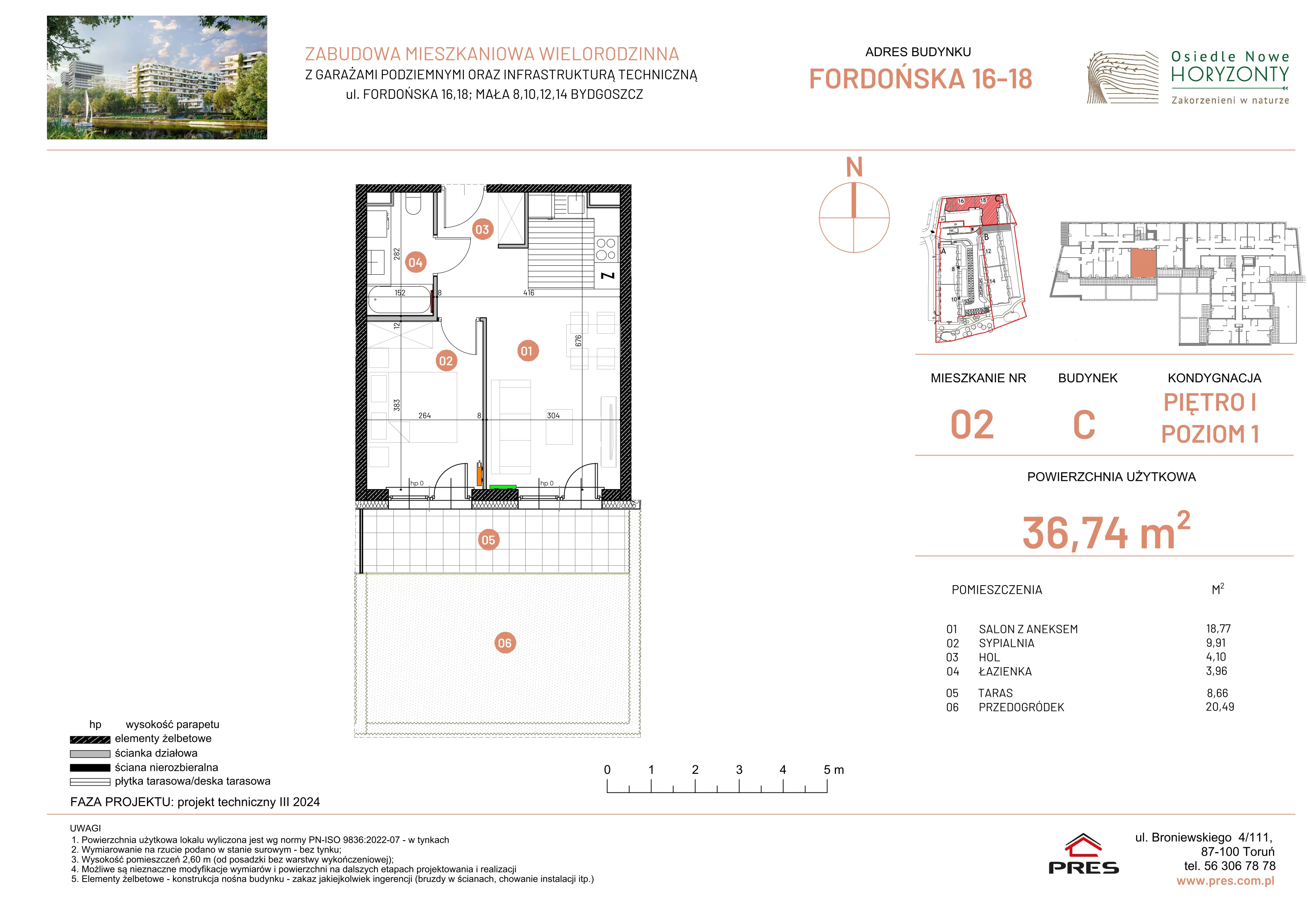 2 pokoje, mieszkanie 36,74 m², piętro 1, oferta nr ONH-C-KLF16-LM2, Osiedle Nowe Horyzonty - etap II, Bydgoszcz, Bartodzieje, ul. Fordońska 16-18