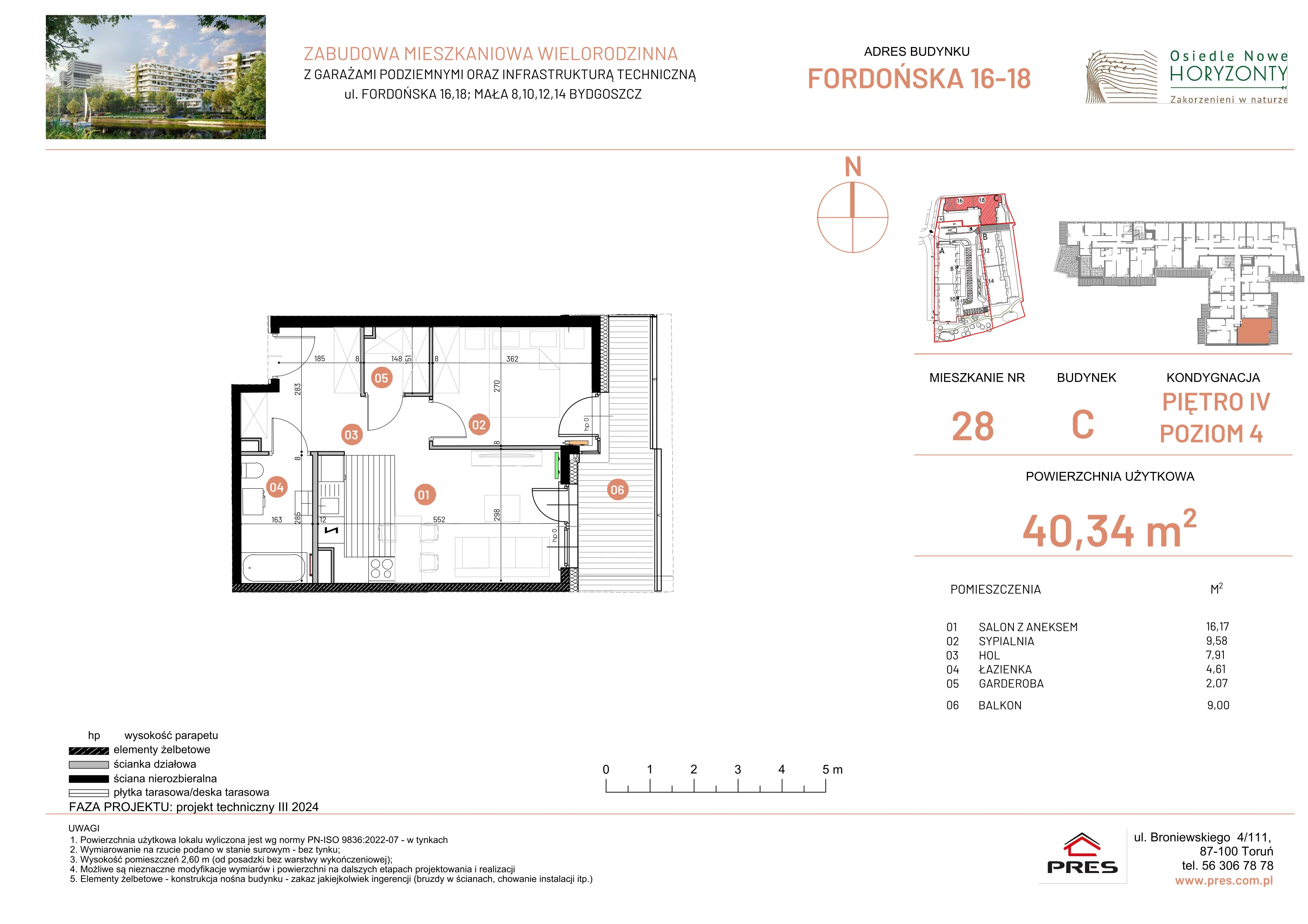 2 pokoje, mieszkanie 40,34 m², piętro 4, oferta nr ONH-C-KLF18-LM28, Osiedle Nowe Horyzonty - etap II, Bydgoszcz, Bartodzieje, ul. Fordońska 16-18