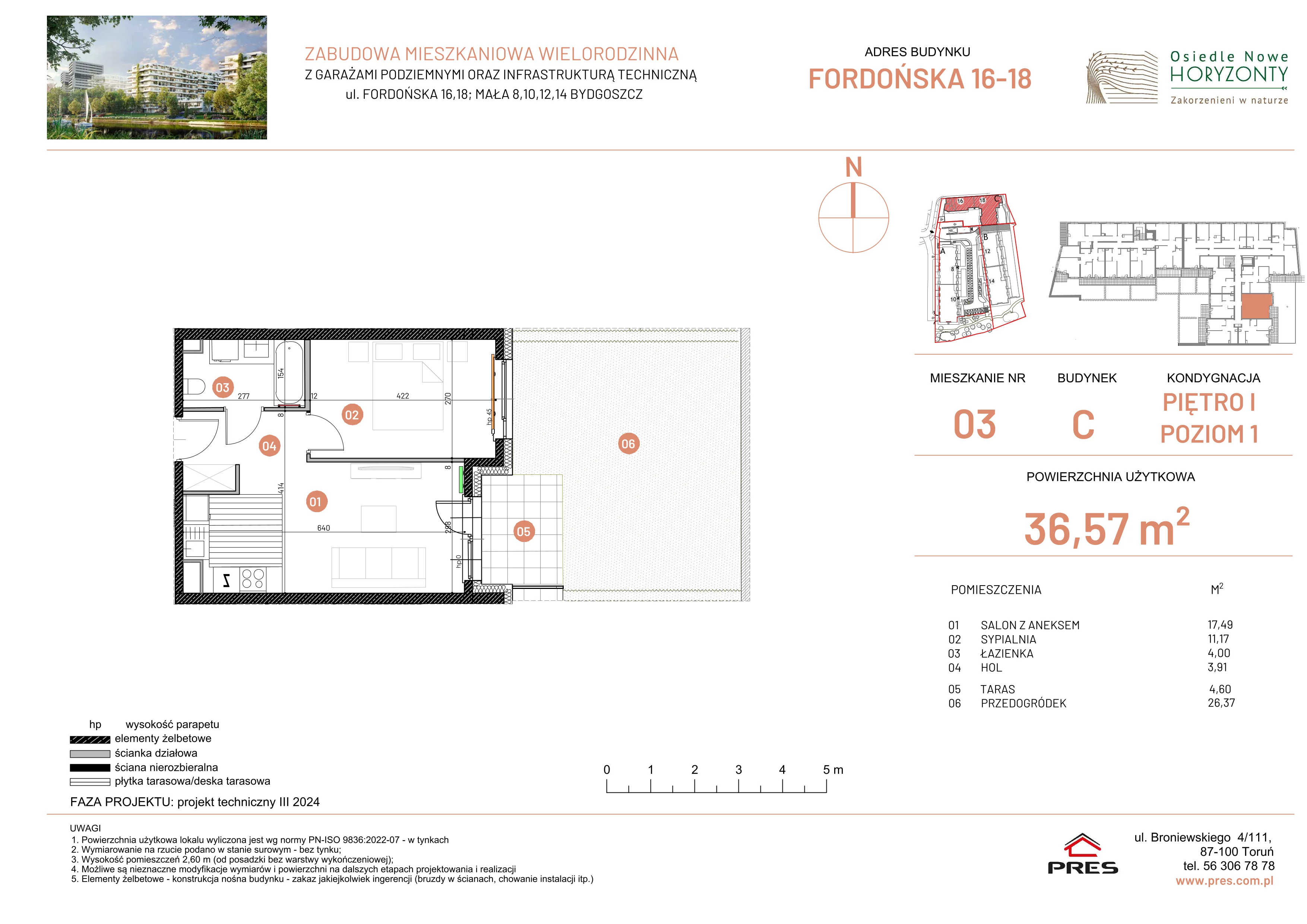 2 pokoje, mieszkanie 36,57 m², piętro 1, oferta nr ONH-C-KLF18-LM3, Osiedle Nowe Horyzonty - etap II, Bydgoszcz, Bartodzieje, ul. Fordońska 16-18