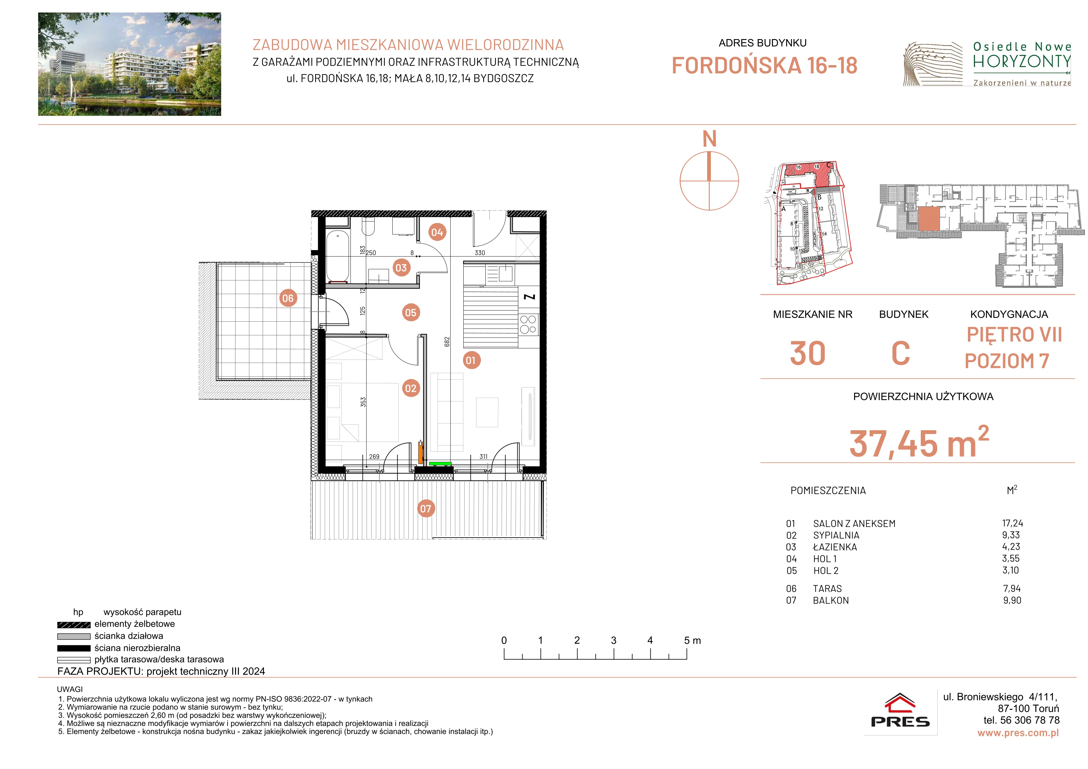 2 pokoje, mieszkanie 37,45 m², piętro 7, oferta nr ONH-C-KLF16-LM30, Osiedle Nowe Horyzonty - etap II, Bydgoszcz, Bartodzieje, ul. Fordońska 16-18