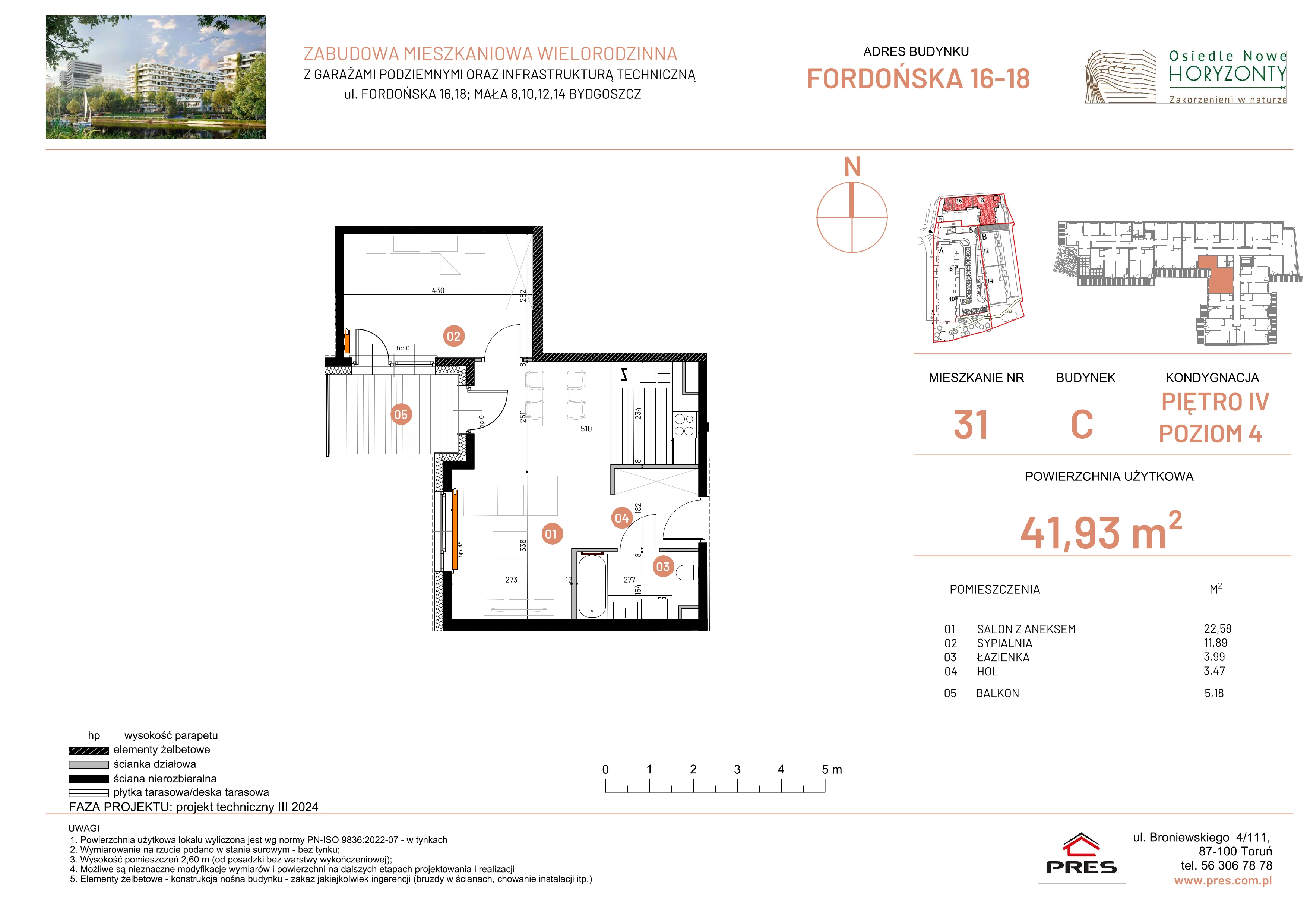 2 pokoje, mieszkanie 41,93 m², piętro 4, oferta nr ONH-C-KLF18-LM31, Osiedle Nowe Horyzonty - etap II, Bydgoszcz, Bartodzieje, ul. Fordońska 16-18