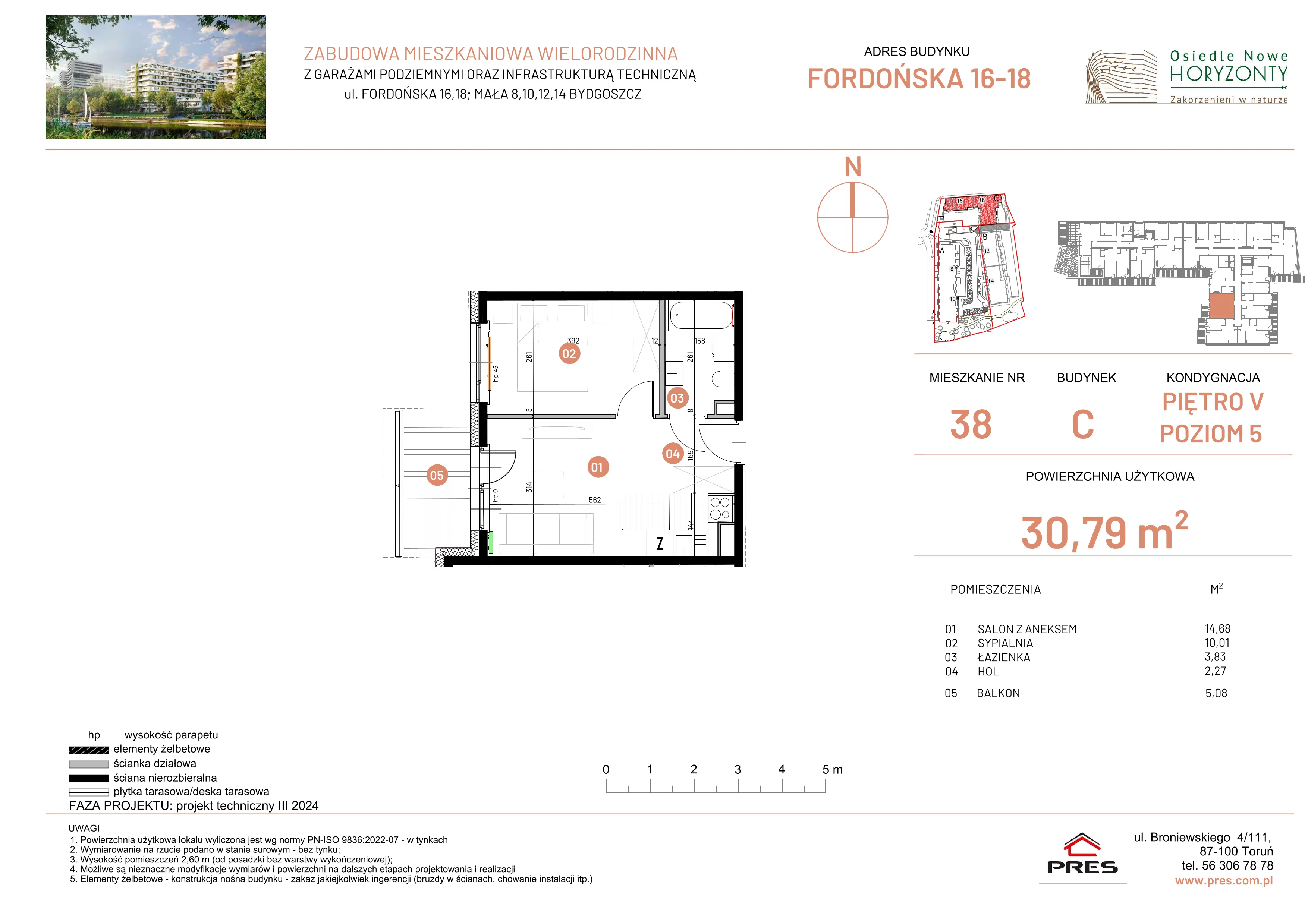 2 pokoje, mieszkanie 30,79 m², piętro 5, oferta nr ONH-C-KLF18-LM38, Osiedle Nowe Horyzonty - etap II, Bydgoszcz, Bartodzieje, ul. Fordońska 16-18