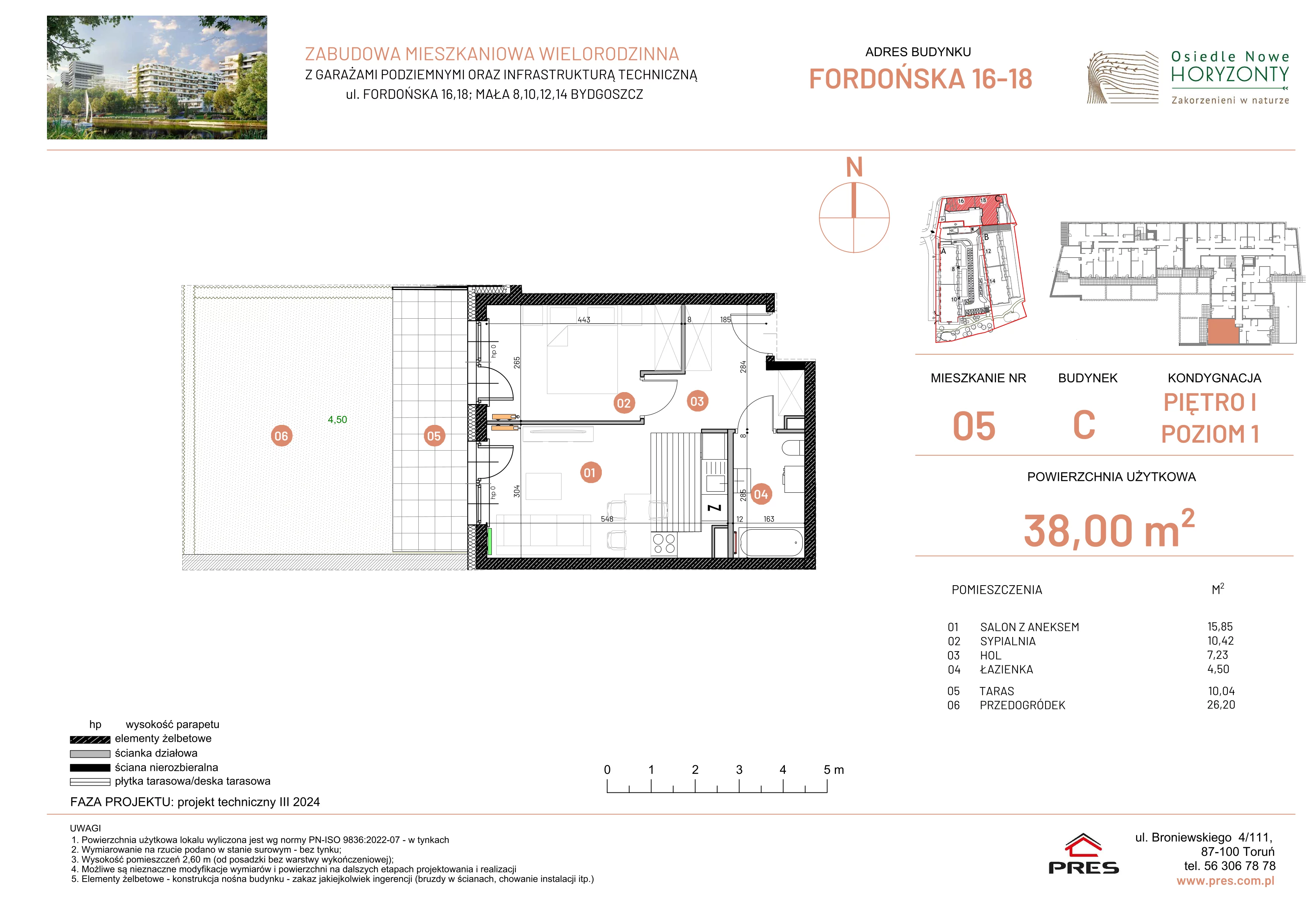 2 pokoje, mieszkanie 38,00 m², piętro 1, oferta nr ONH-C-KLF18-LM5, Osiedle Nowe Horyzonty - etap II, Bydgoszcz, Bartodzieje, ul. Fordońska 16-18