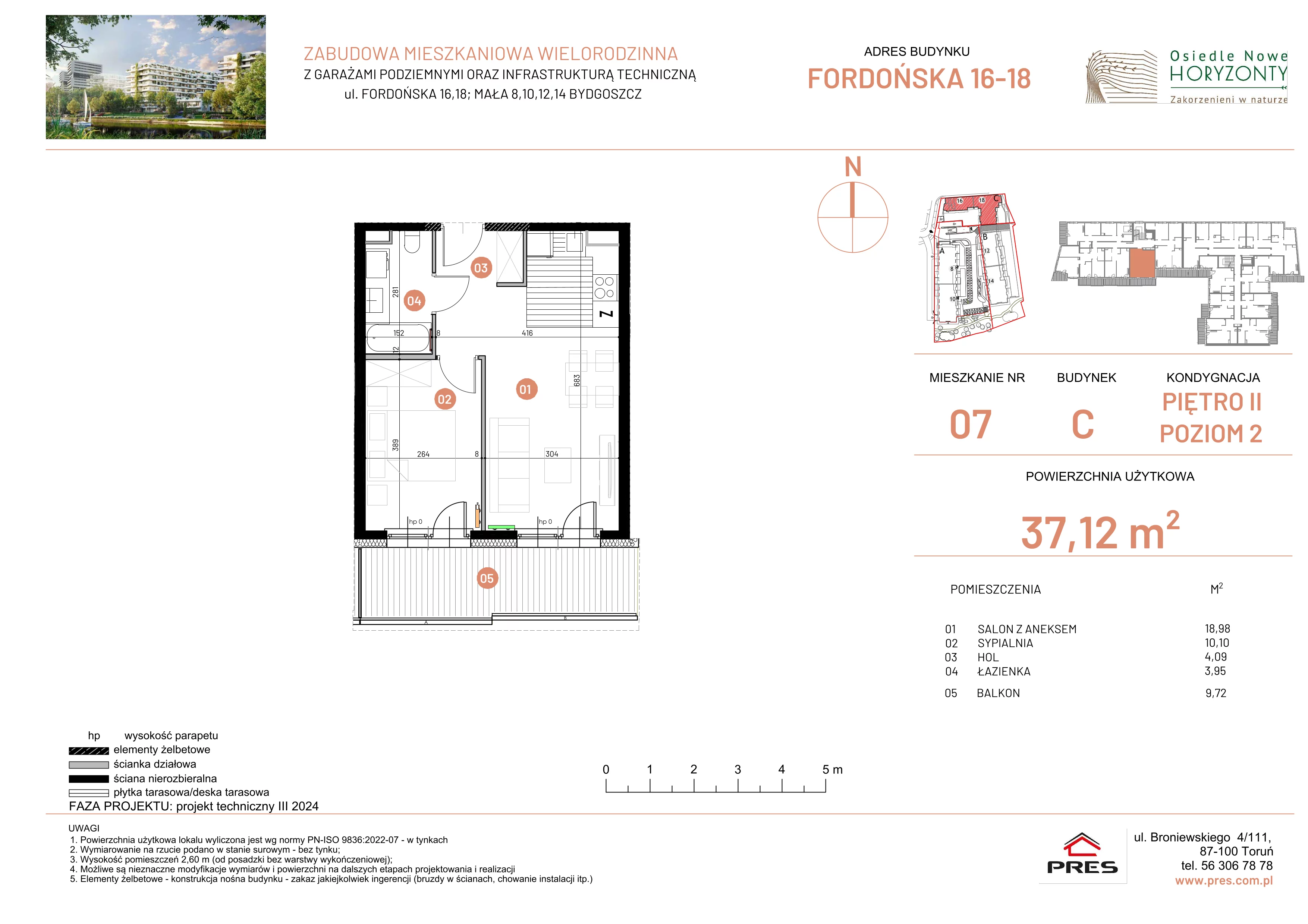 2 pokoje, mieszkanie 37,12 m², piętro 2, oferta nr ONH-C-KLF16-LM7, Osiedle Nowe Horyzonty - etap II, Bydgoszcz, Bartodzieje, ul. Fordońska 16-18