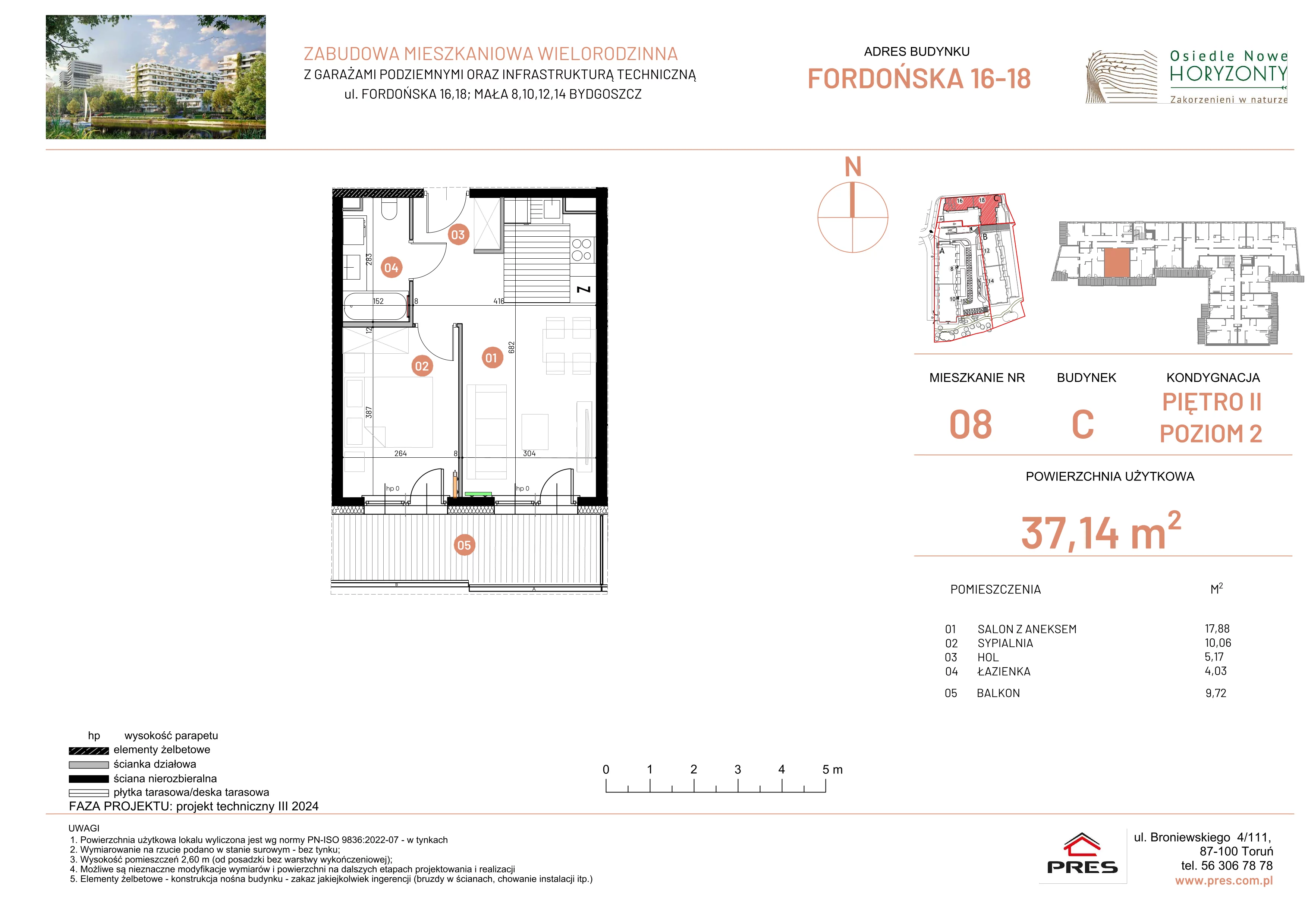 2 pokoje, mieszkanie 37,14 m², piętro 2, oferta nr ONH-C-KLF16-LM8, Osiedle Nowe Horyzonty - etap II, Bydgoszcz, Bartodzieje, ul. Fordońska 16-18