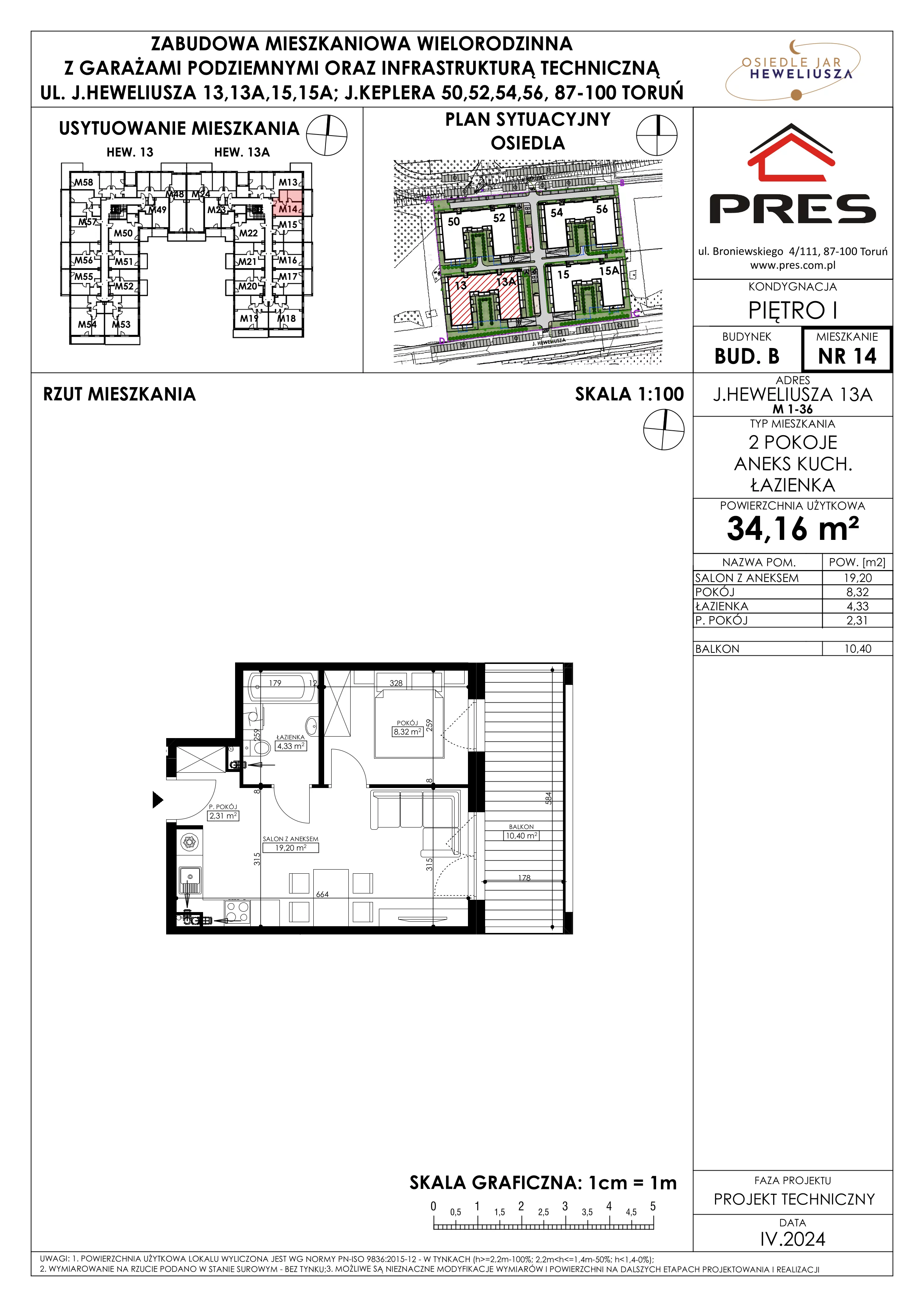 Mieszkanie 34,16 m², piętro 1, oferta nr 14, Osiedle JAR Heweliusza - Etap II, Toruń, Wrzosy, JAR, ul. Heweliusza 13-15A