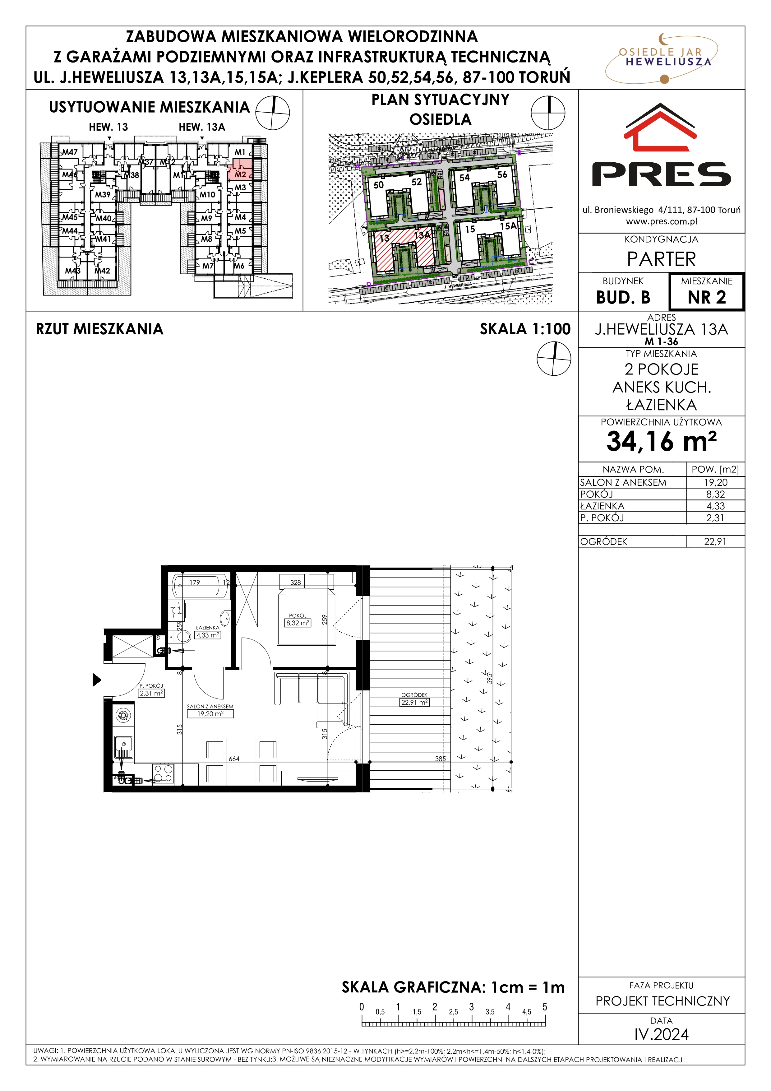 Mieszkanie 34,16 m², parter, oferta nr 2, Osiedle JAR Heweliusza - Etap II, Toruń, Wrzosy, JAR, ul. Heweliusza 13-15A