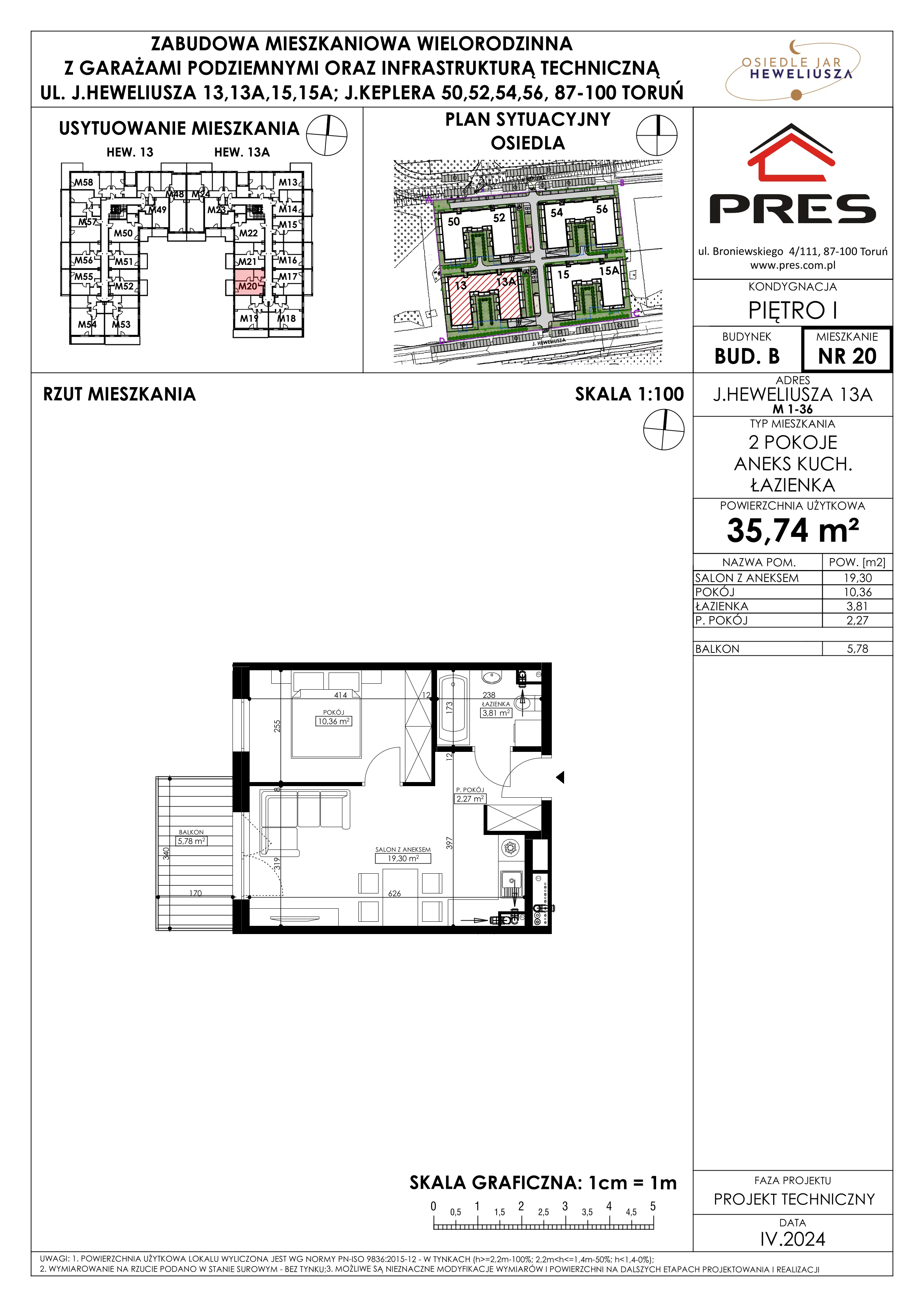 Mieszkanie 35,74 m², piętro 1, oferta nr 20, Osiedle JAR Heweliusza - Etap II, Toruń, Wrzosy, JAR, ul. Heweliusza 13-15A