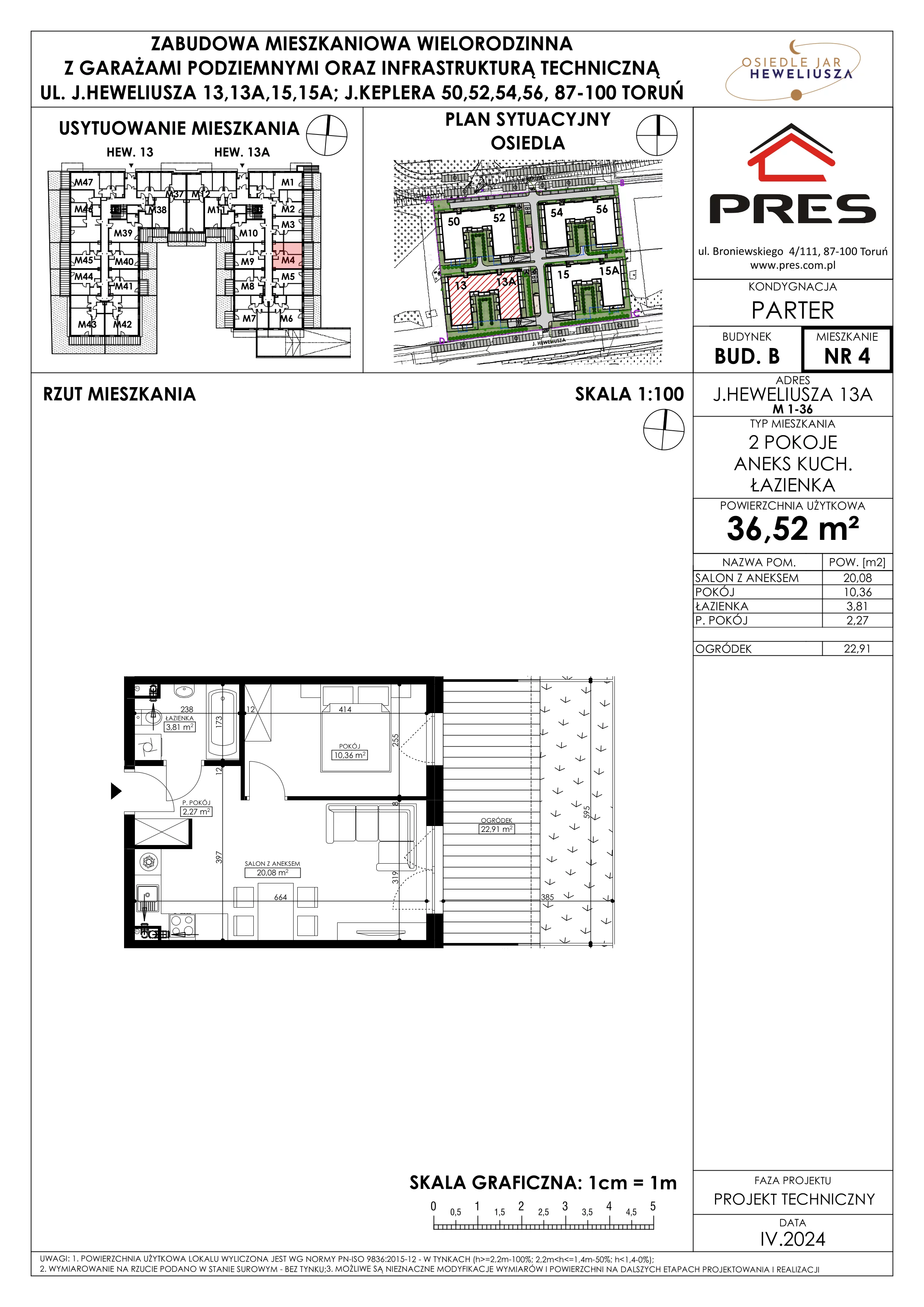 Mieszkanie 36,52 m², parter, oferta nr 4, Osiedle JAR Heweliusza - Etap II, Toruń, Wrzosy, JAR, ul. Heweliusza 13-15A